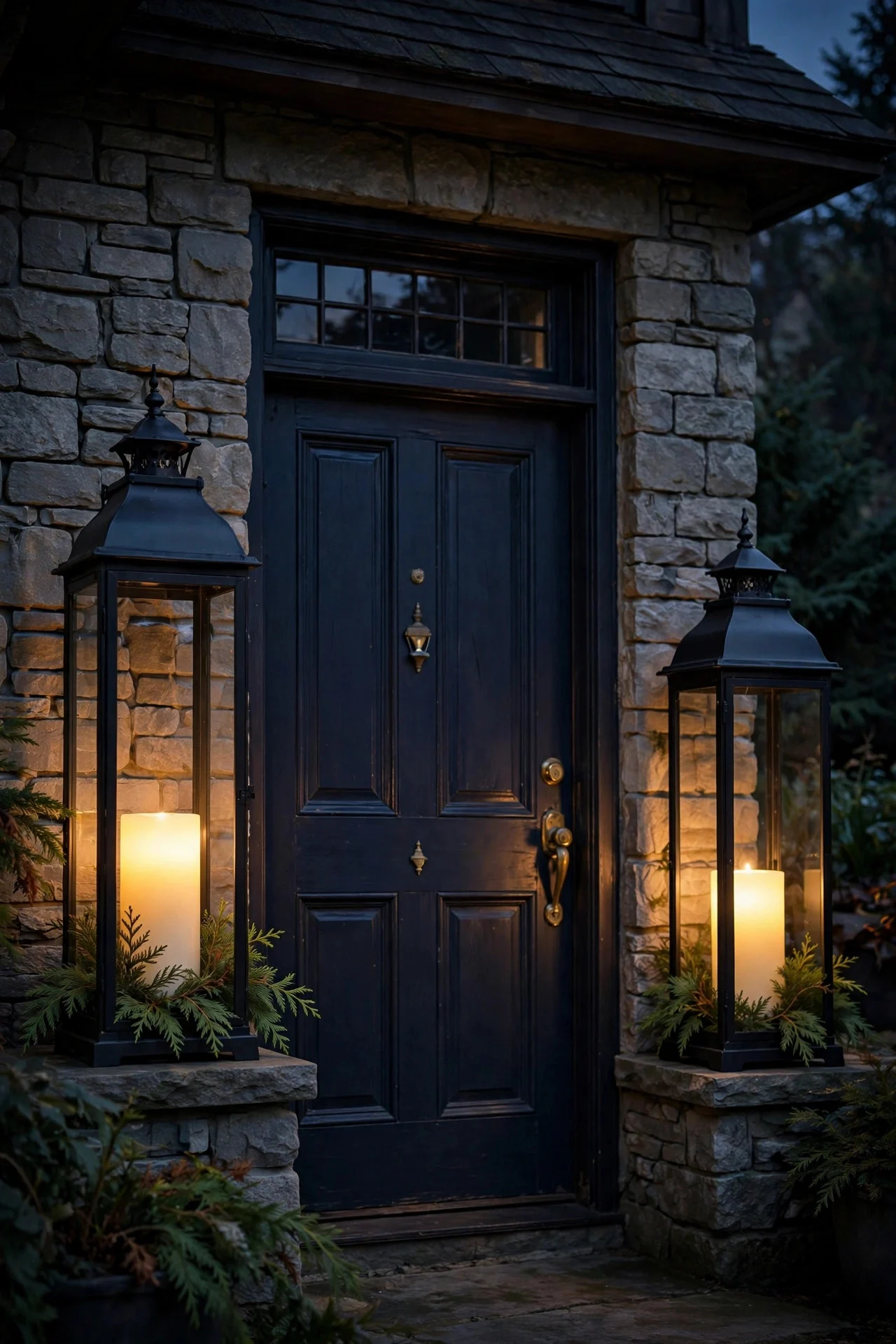 Matching lanterns with candles flanking a front door