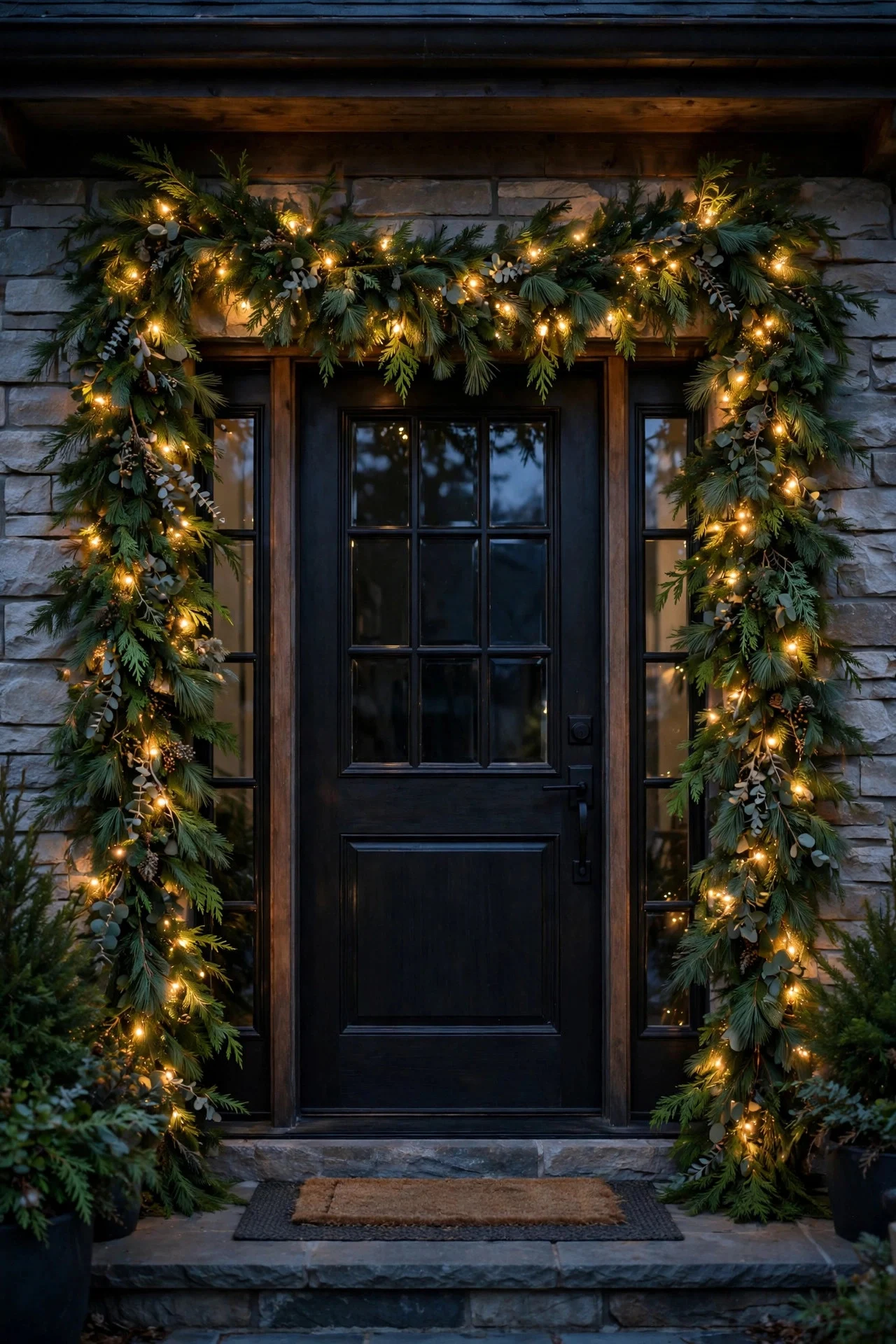 Evergreen garland with lights framing a front doorway