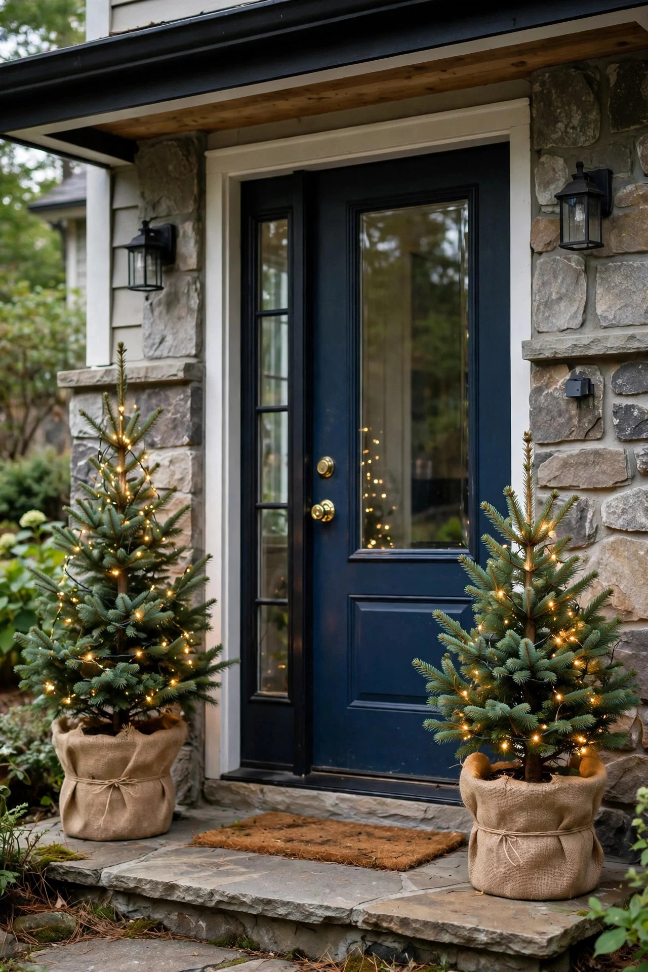 Planters with mini evergreens and fairy lights by a front door