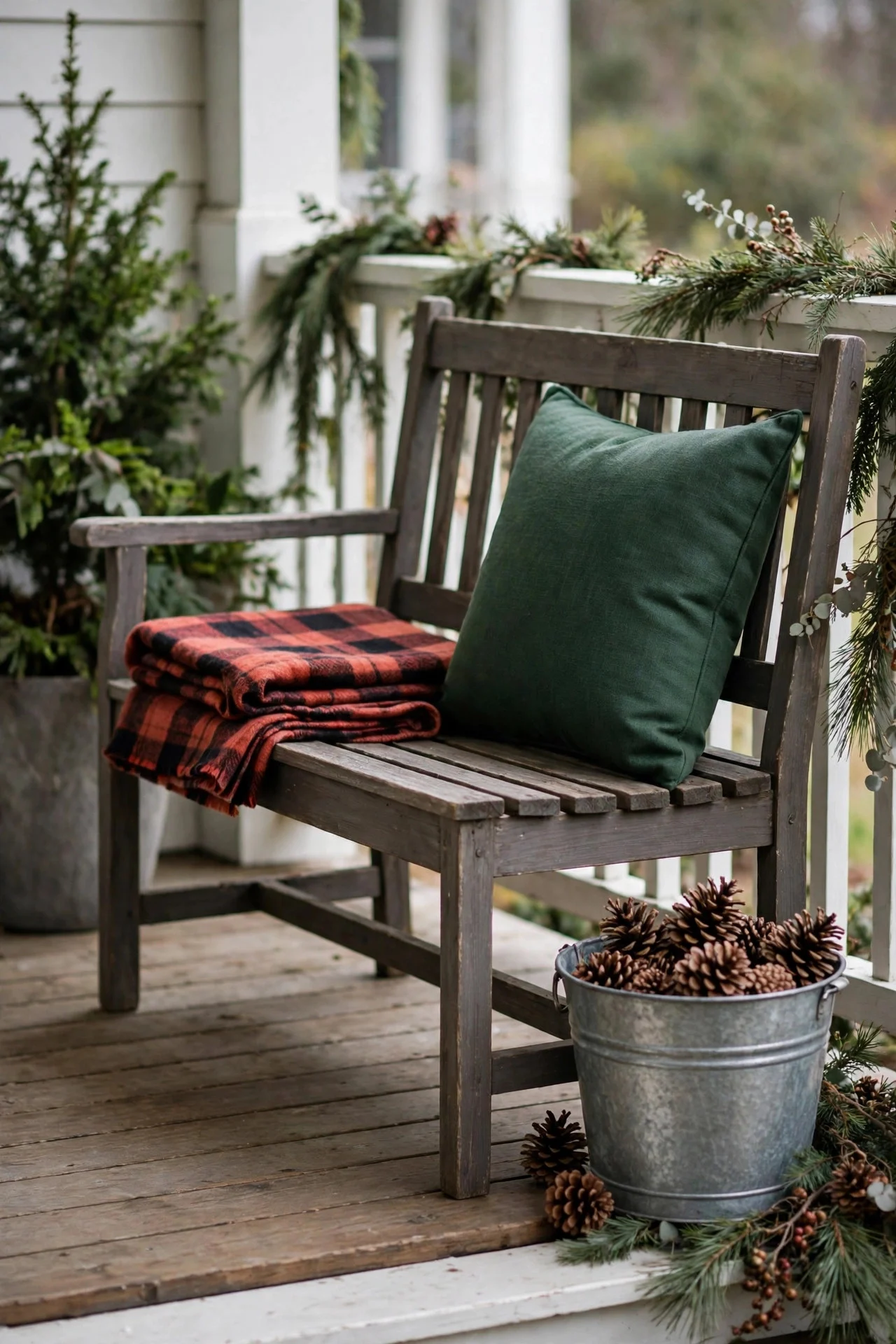 Porch bench styled with plaid throw and pinecones for Christmas