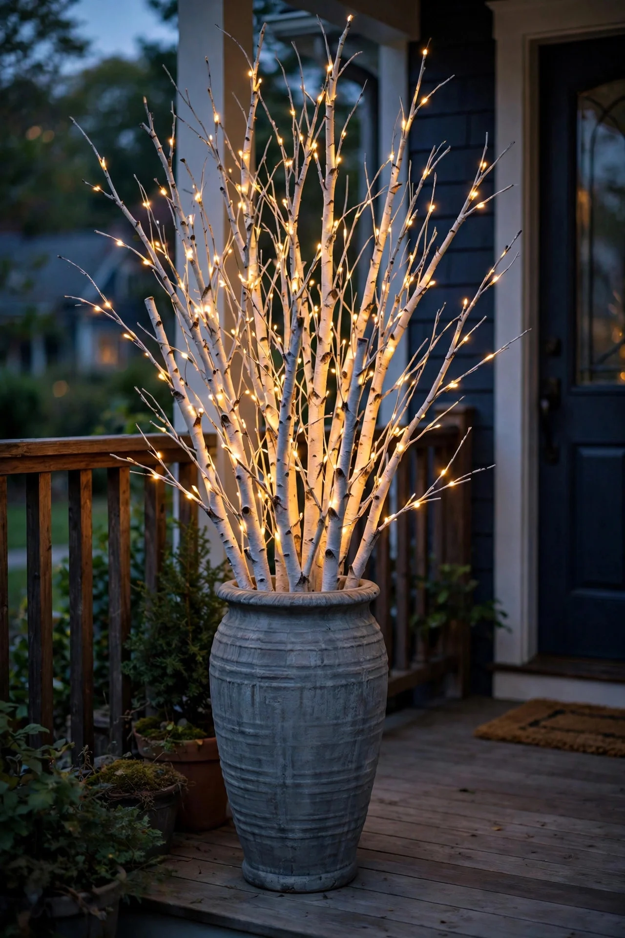 Urn with lighted birch branches on a porch at dusk
