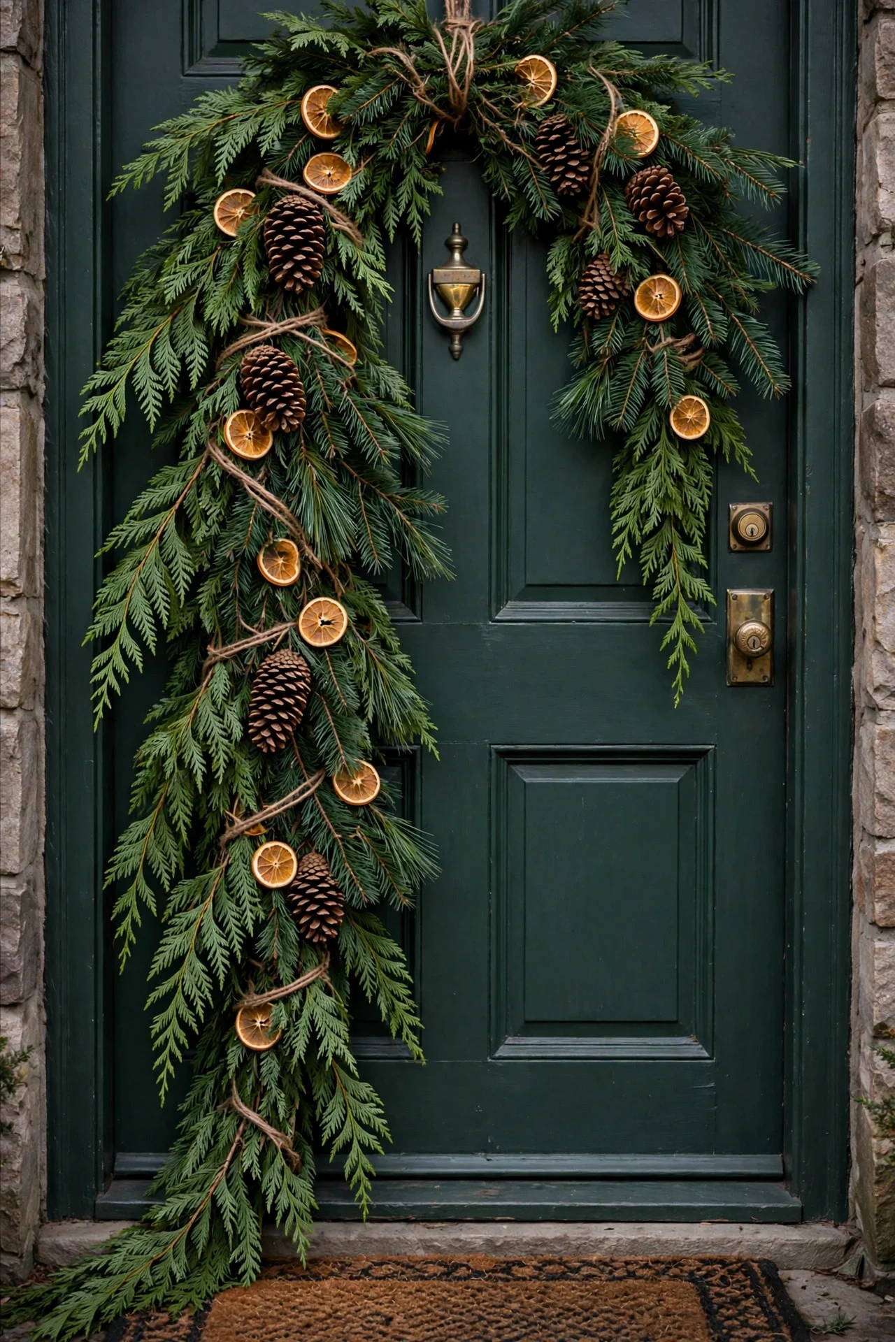 Evergreen Christmas swag hanging on a front door