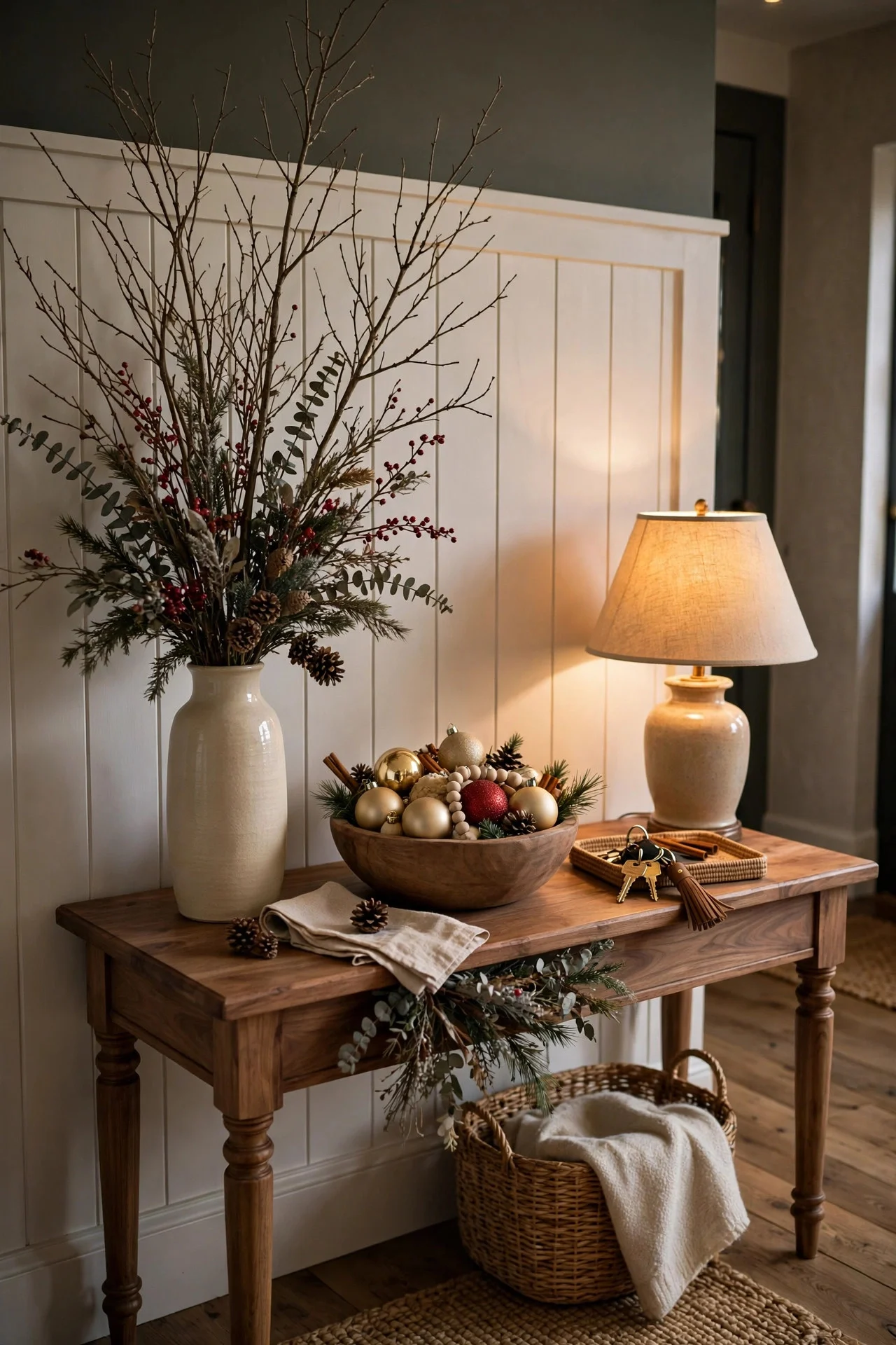 Foyer console table with Christmas vignette and key tray
