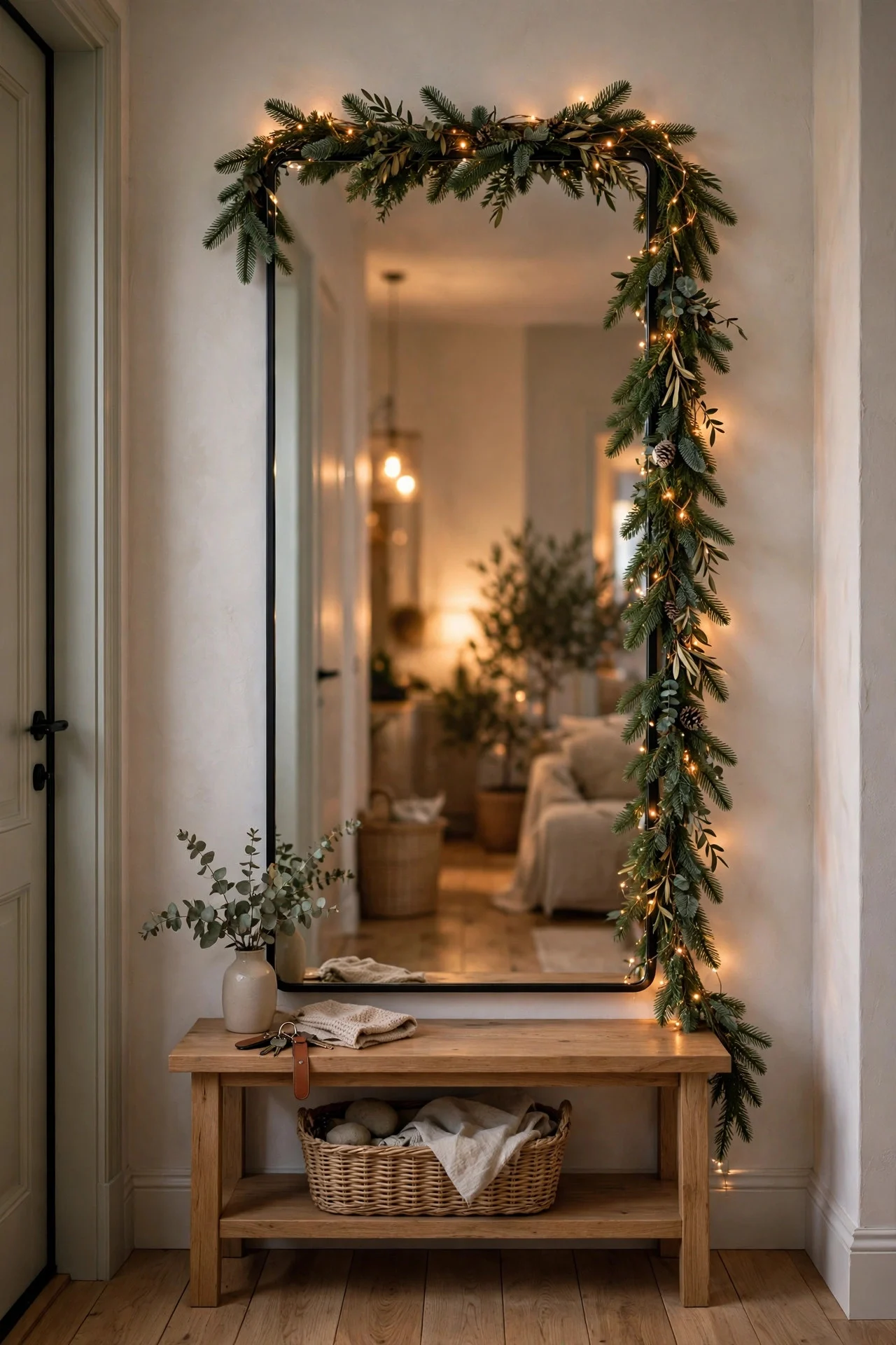 Entryway mirror framed with garland and fairy lights
