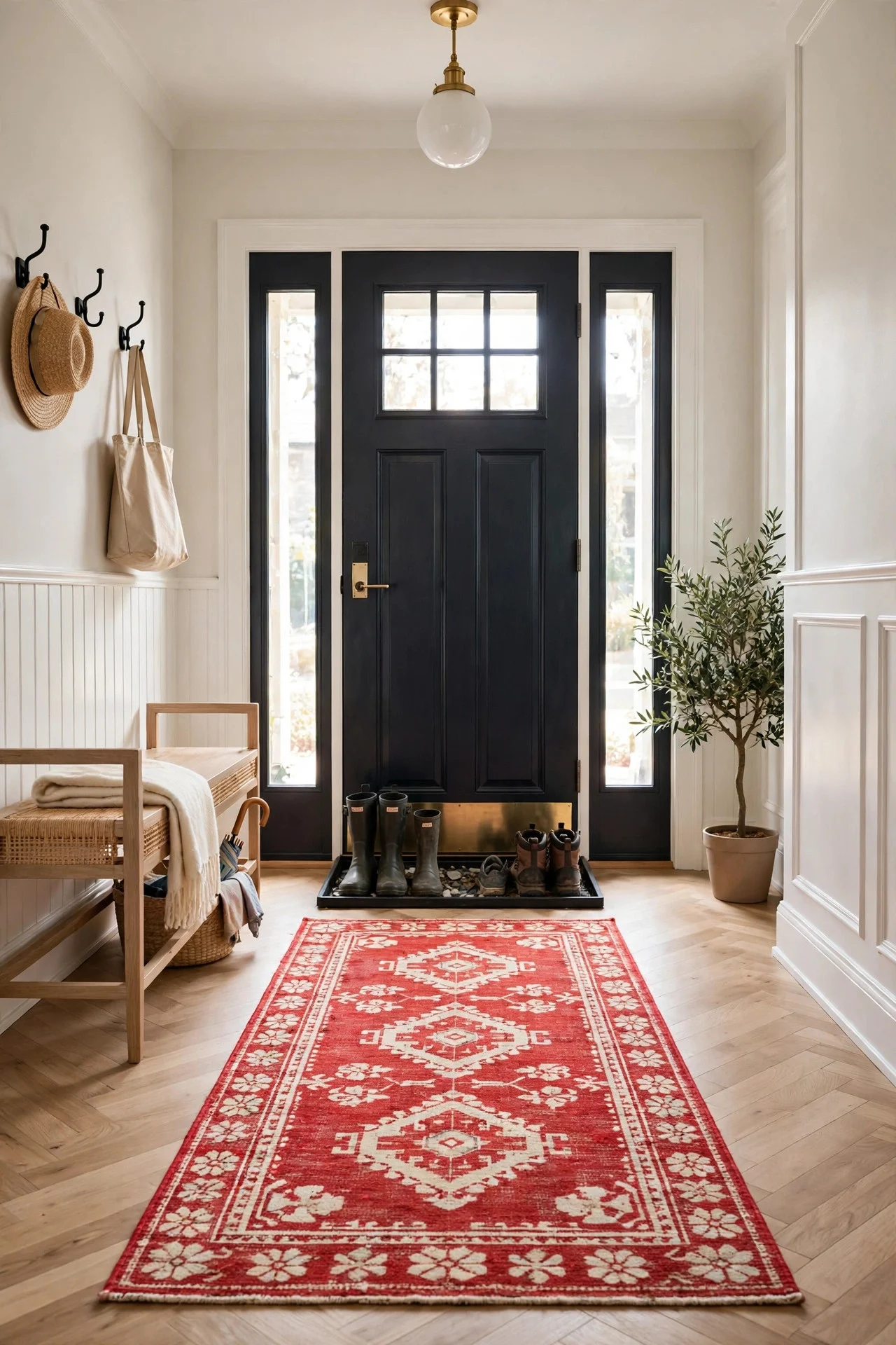 Washable holiday runner rug in a Christmas foyer
