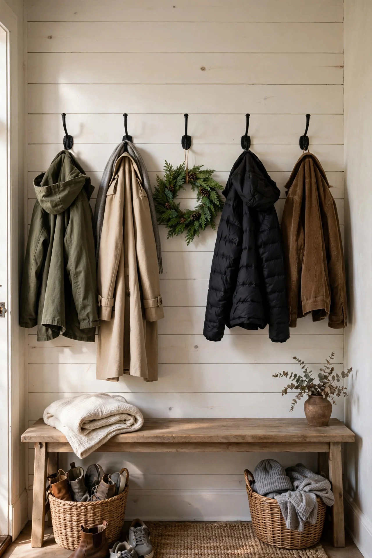 Small wreath hanging on an entryway coat hook