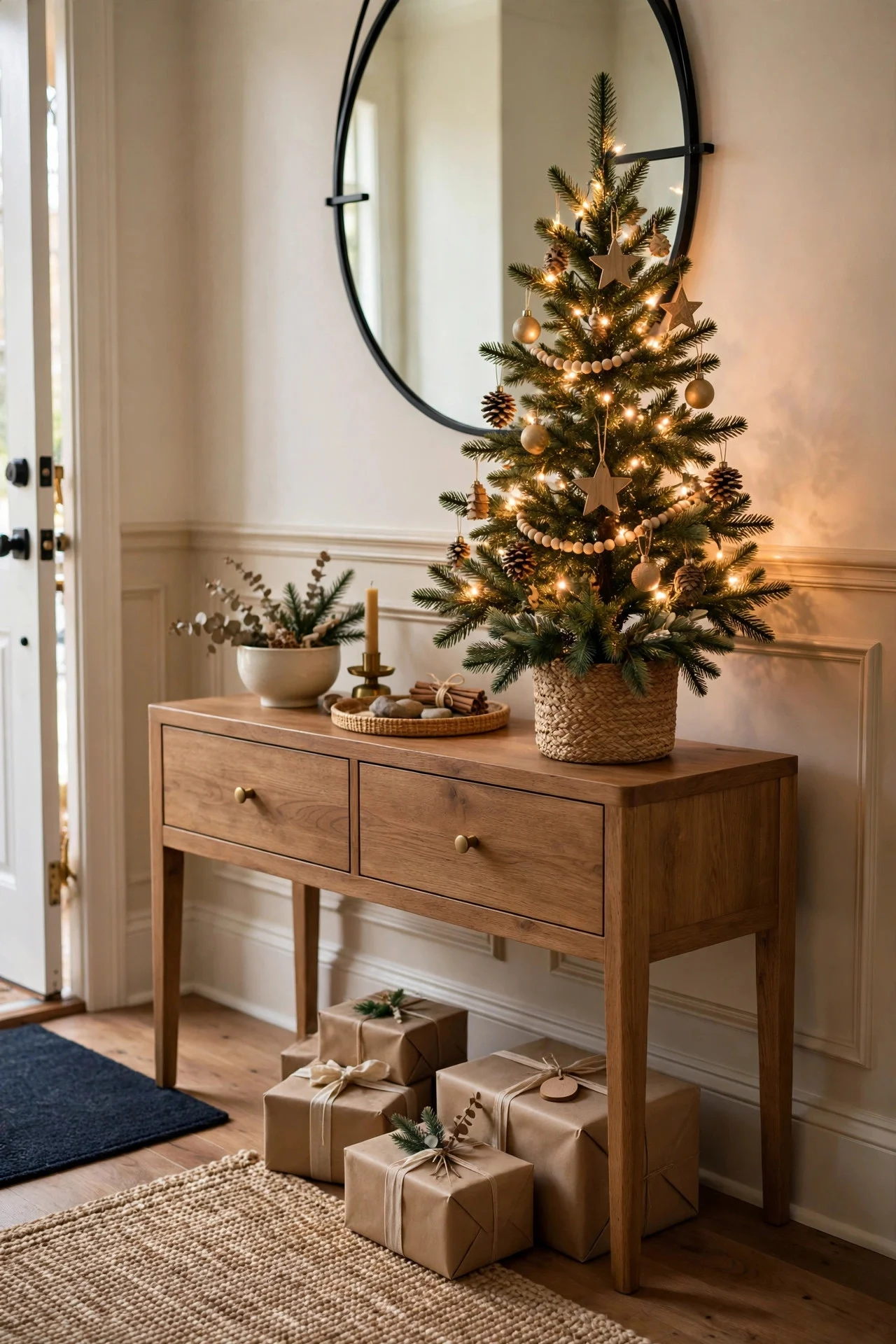 Small tabletop Christmas tree in a foyer