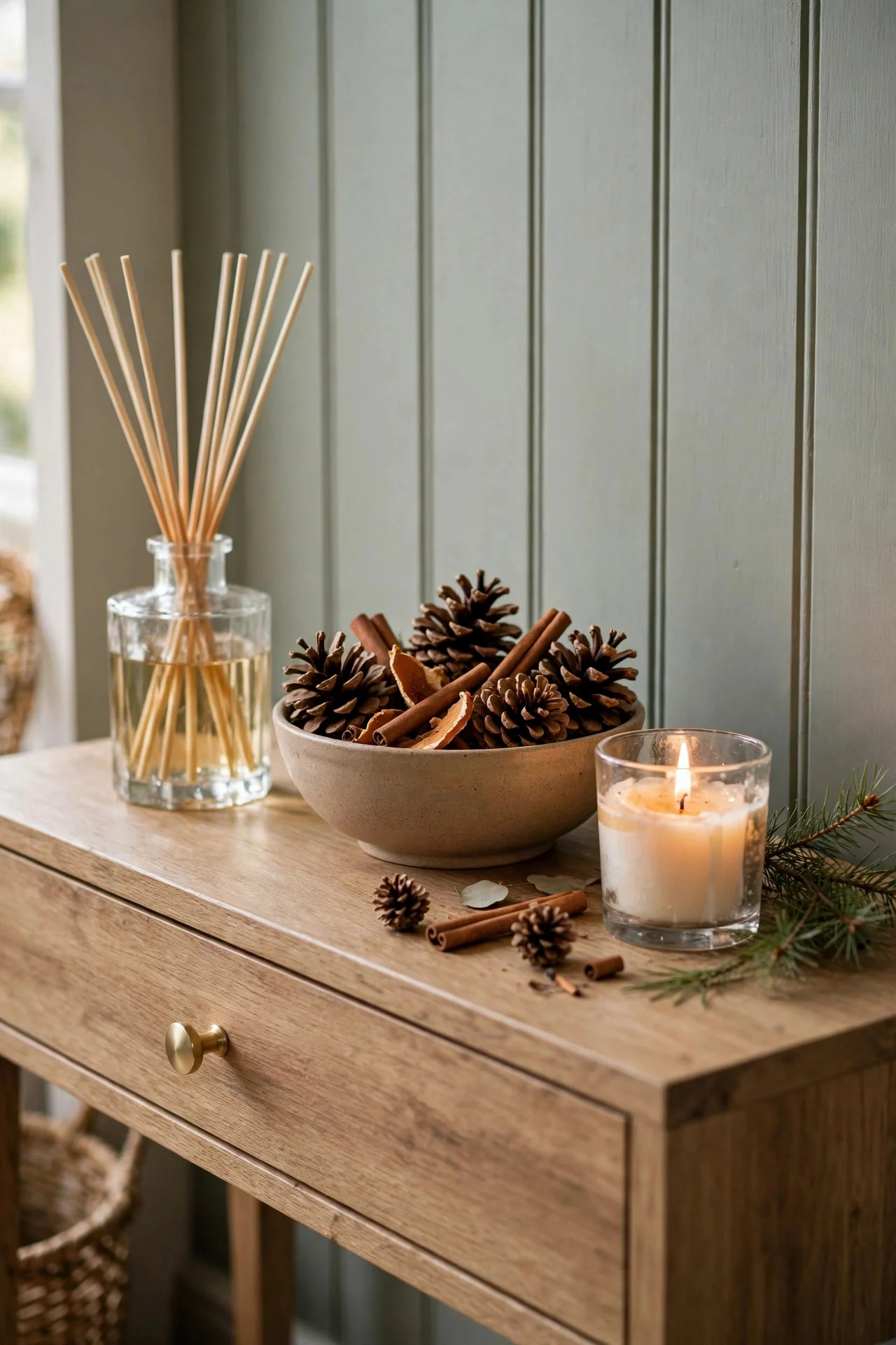 Christmas scent styling with pinecones and candle in a foyer