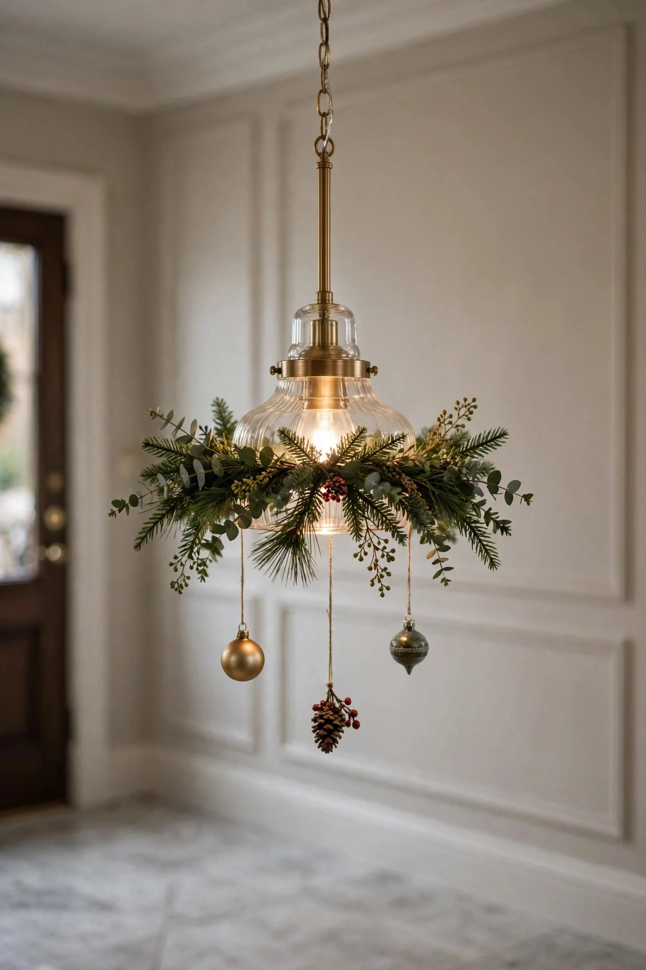 Mini garland draped on a foyer pendant light