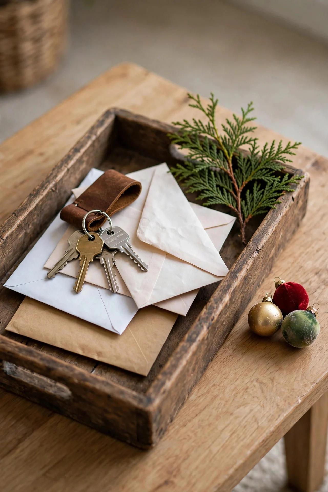 Holiday-styled landing tray with keys on a foyer table