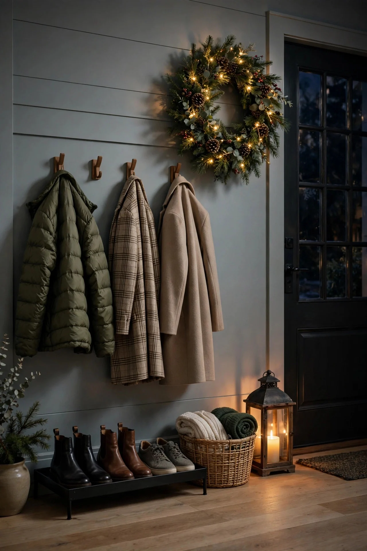 Tidy organized Christmas entryway at night