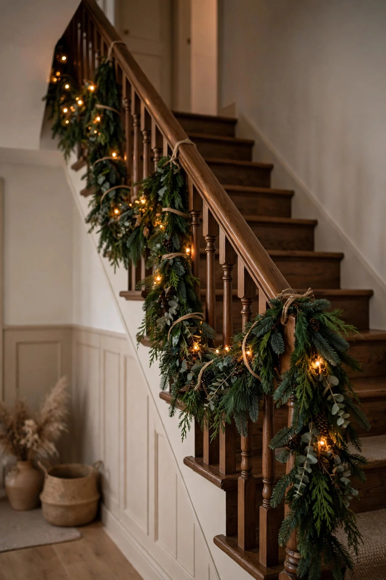Draped Christmas garland swags on a staircase banister