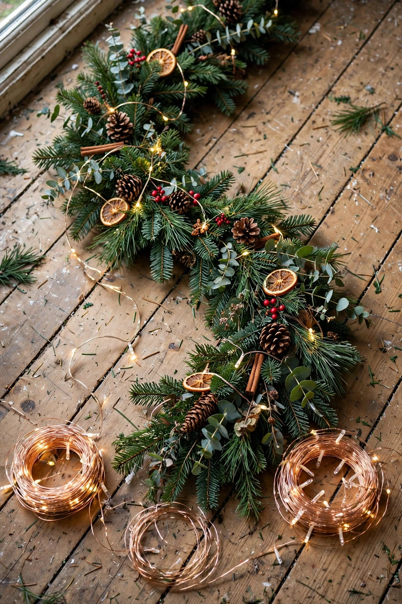 Weaving string lights through garland on the floor before hanging