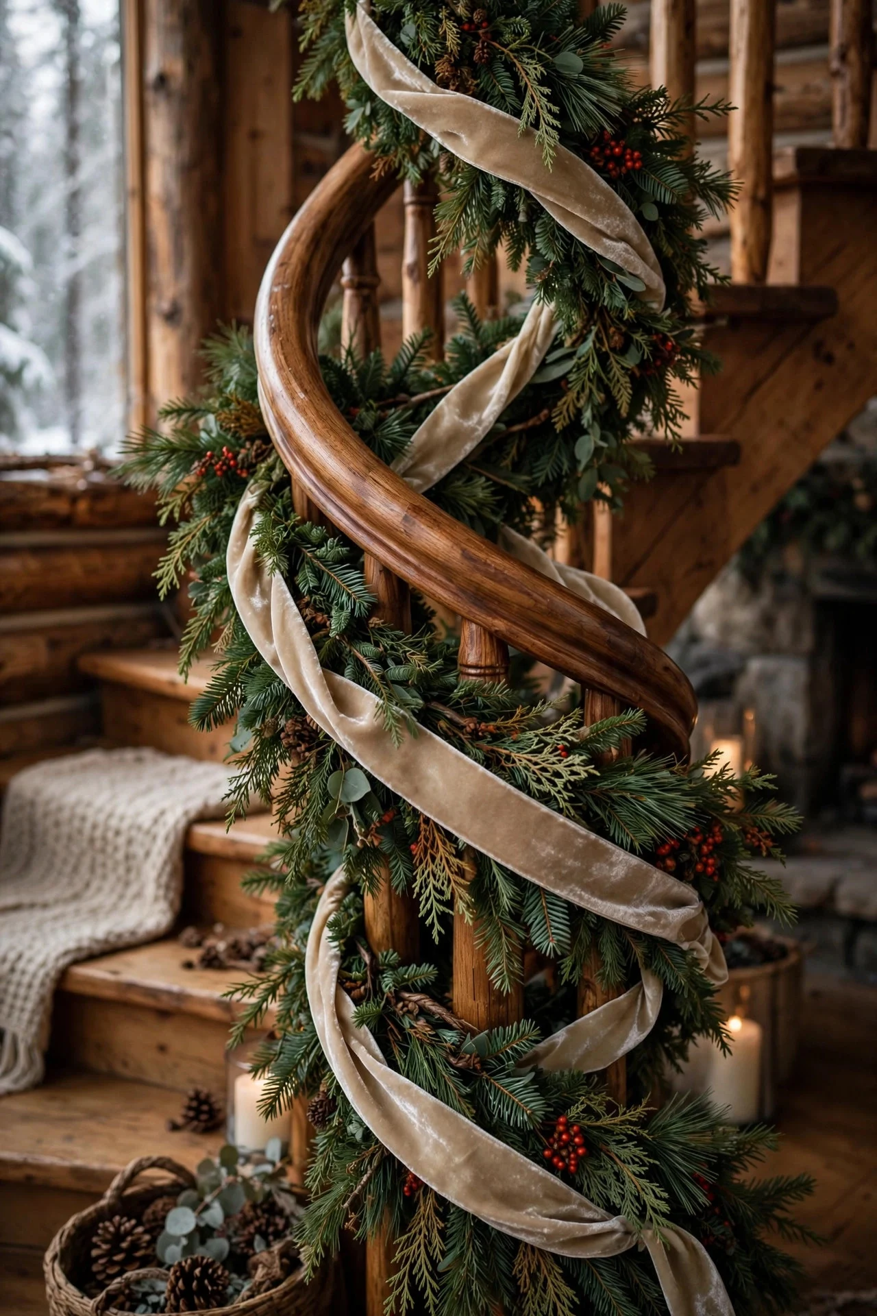Banister tightly wrapped with Christmas garland and ribbon