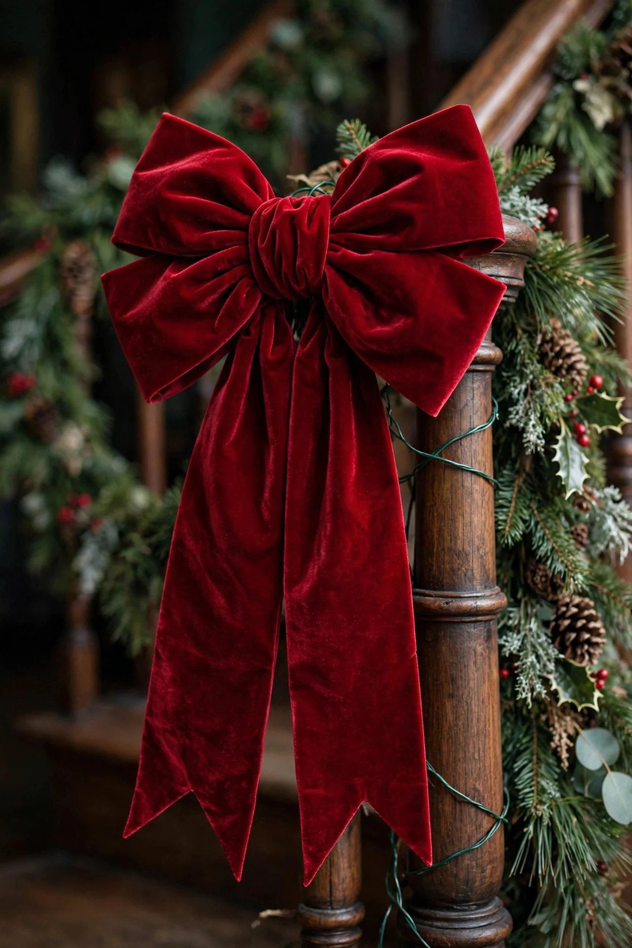 Big velvet Christmas bow on a staircase newel post