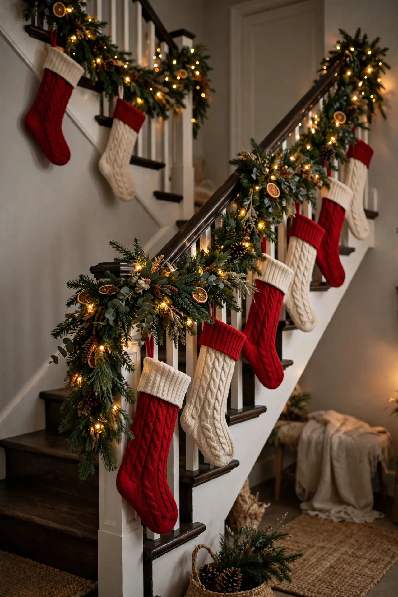 Christmas stockings hung along a staircase garland