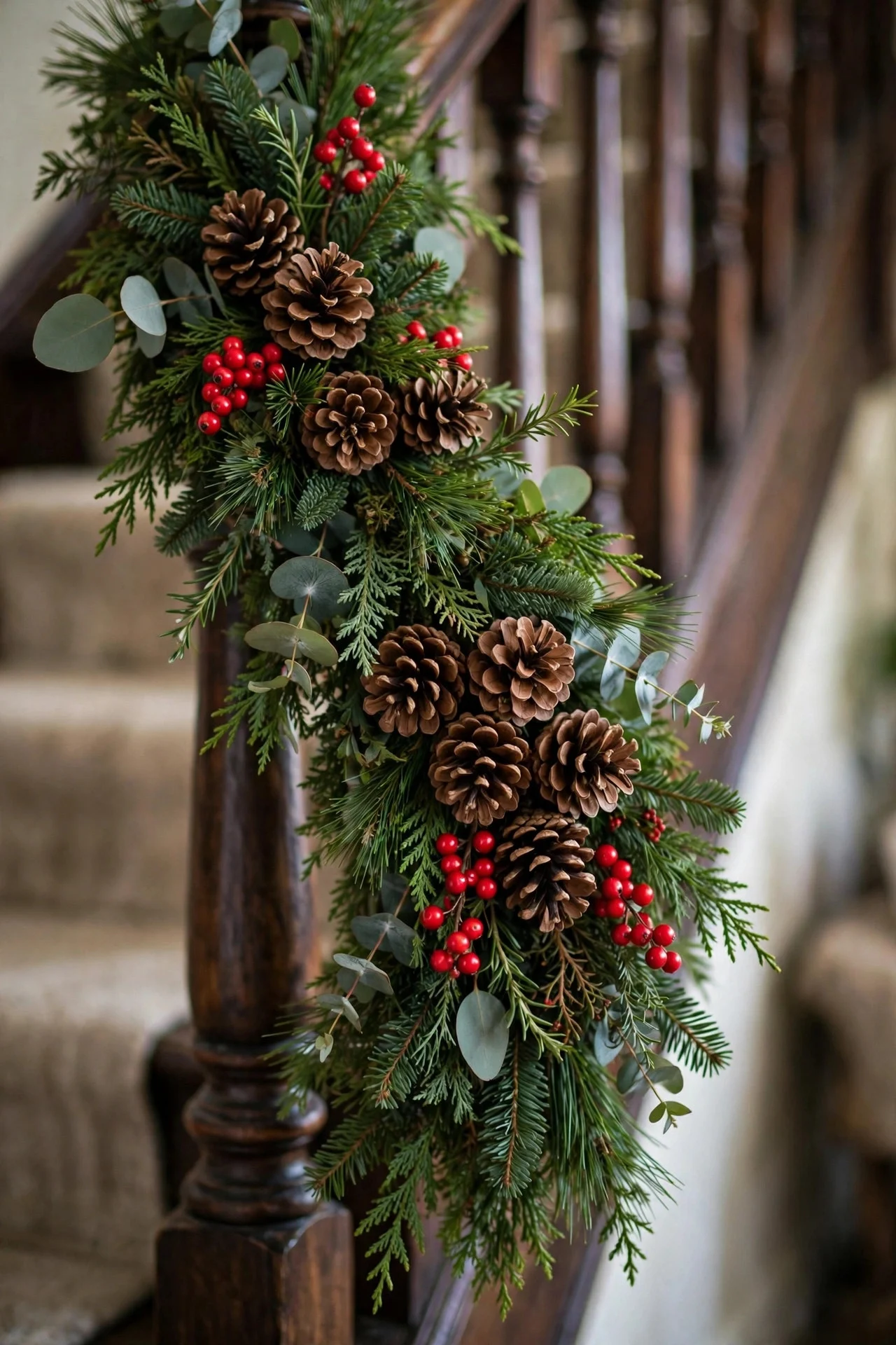 Pinecones and berry picks decorating staircase garland