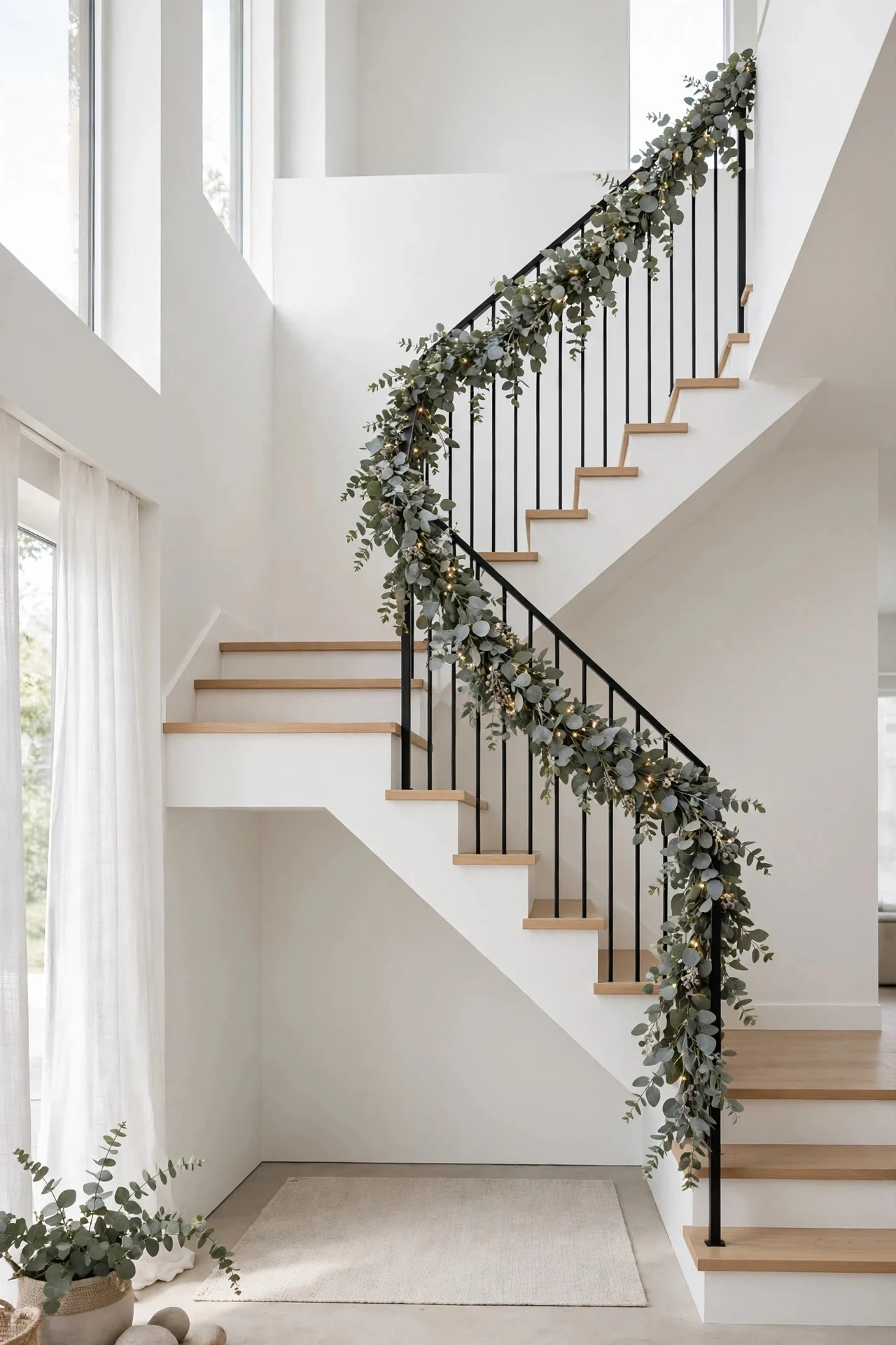 Eucalyptus garland with fairy lights on a modern staircase