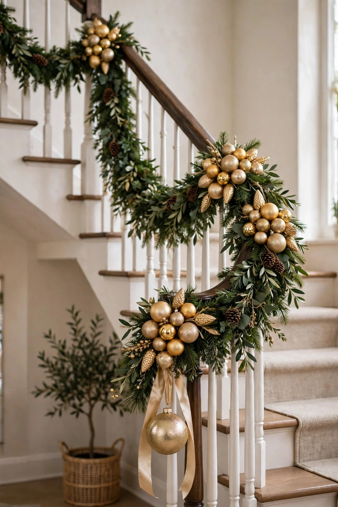 Ornament clusters wired into staircase Christmas garland