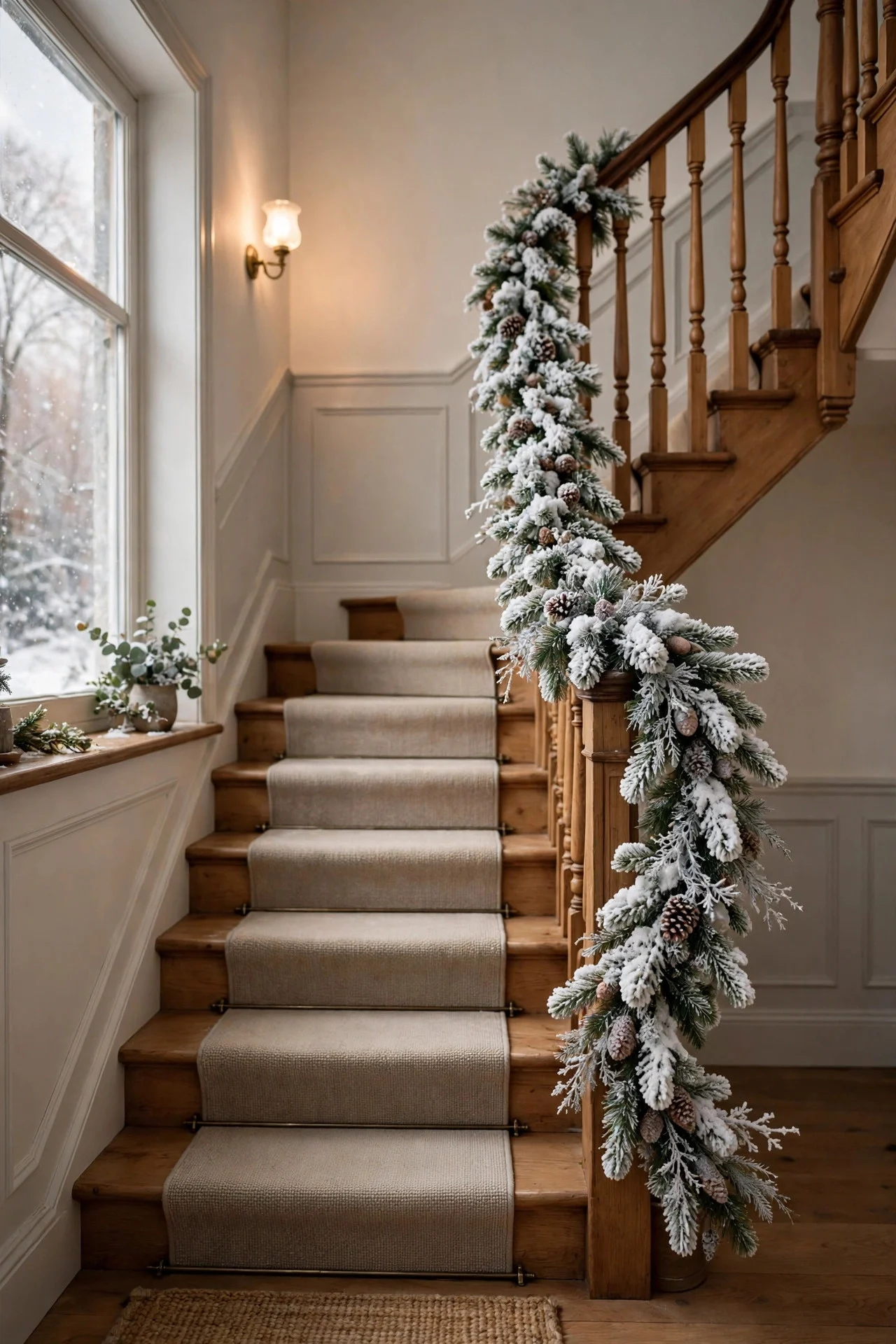 Flocked snowy garland on a staircase banister