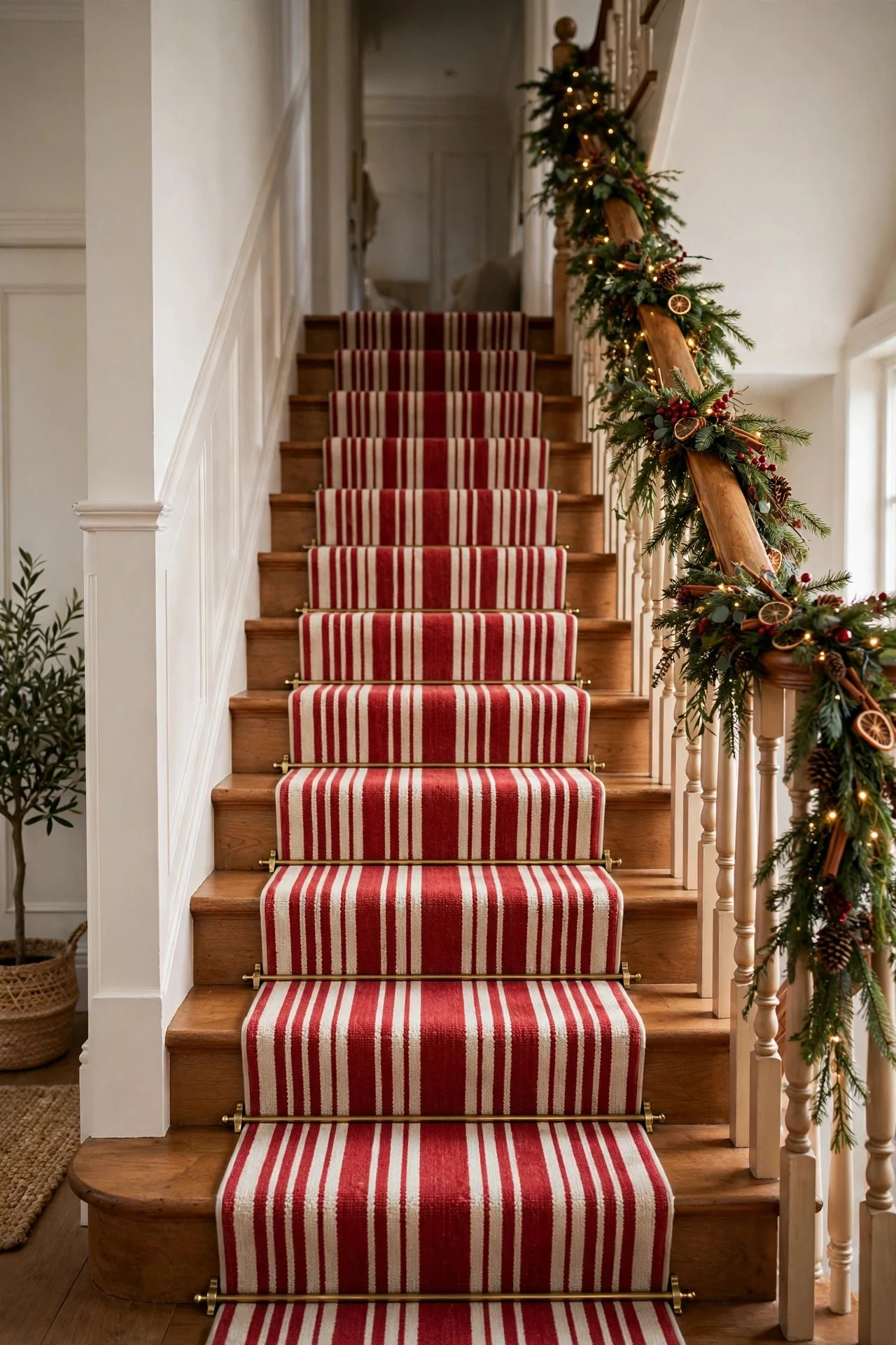 Holiday striped stair runner on decorated staircase steps
