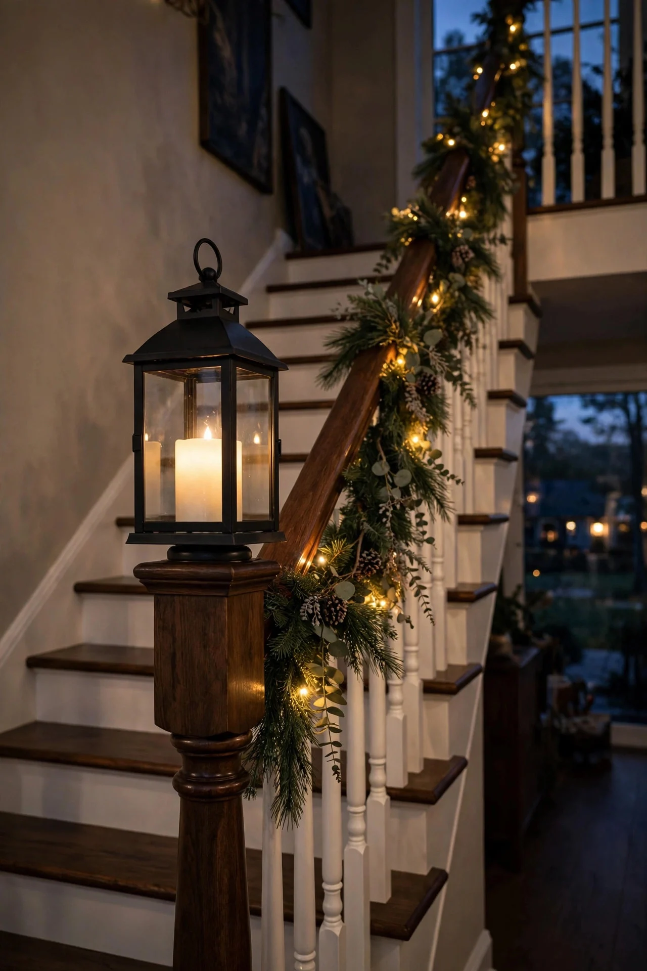Lantern with candle on a staircase newel post