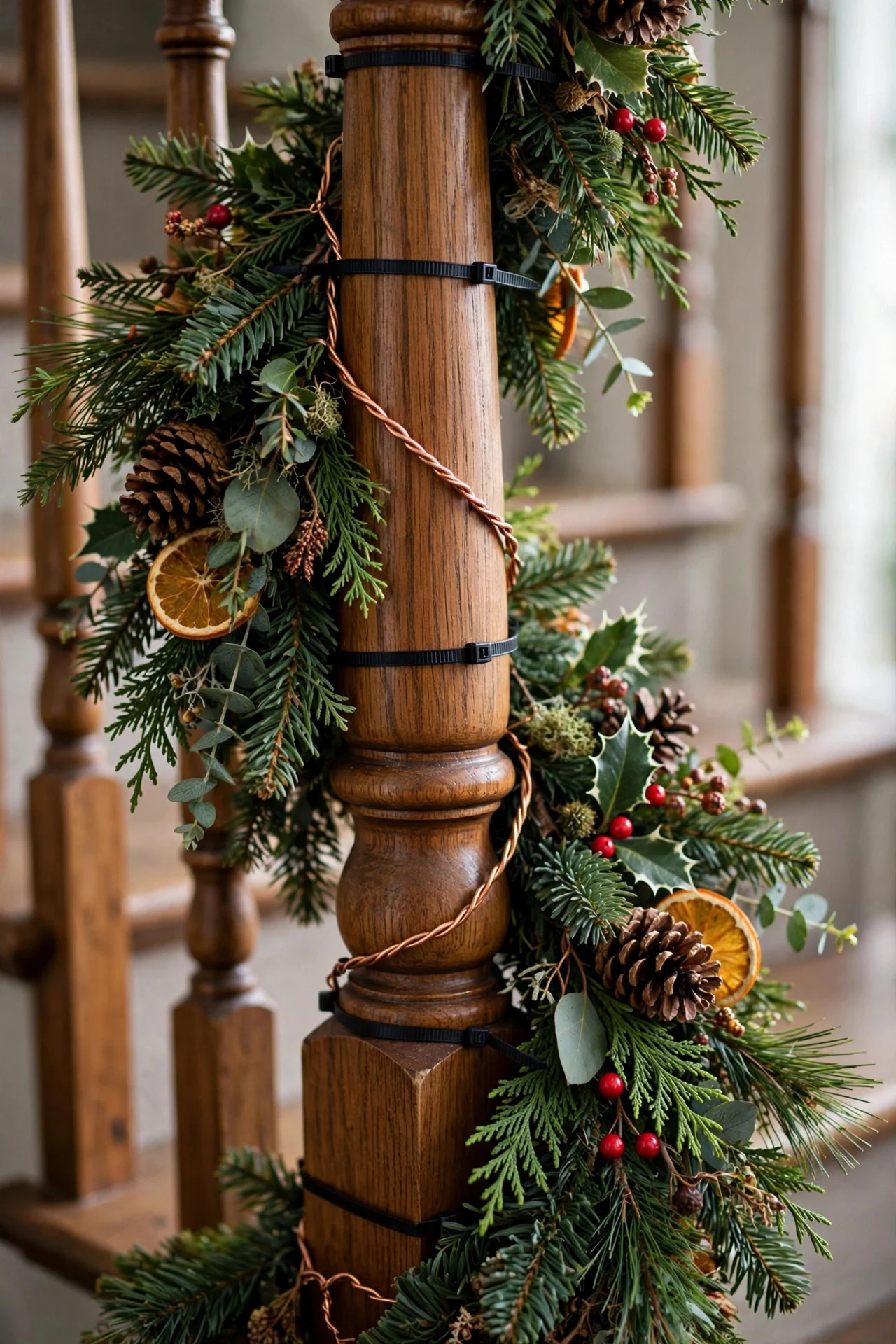 Garland securely fastened to staircase balusters with ties