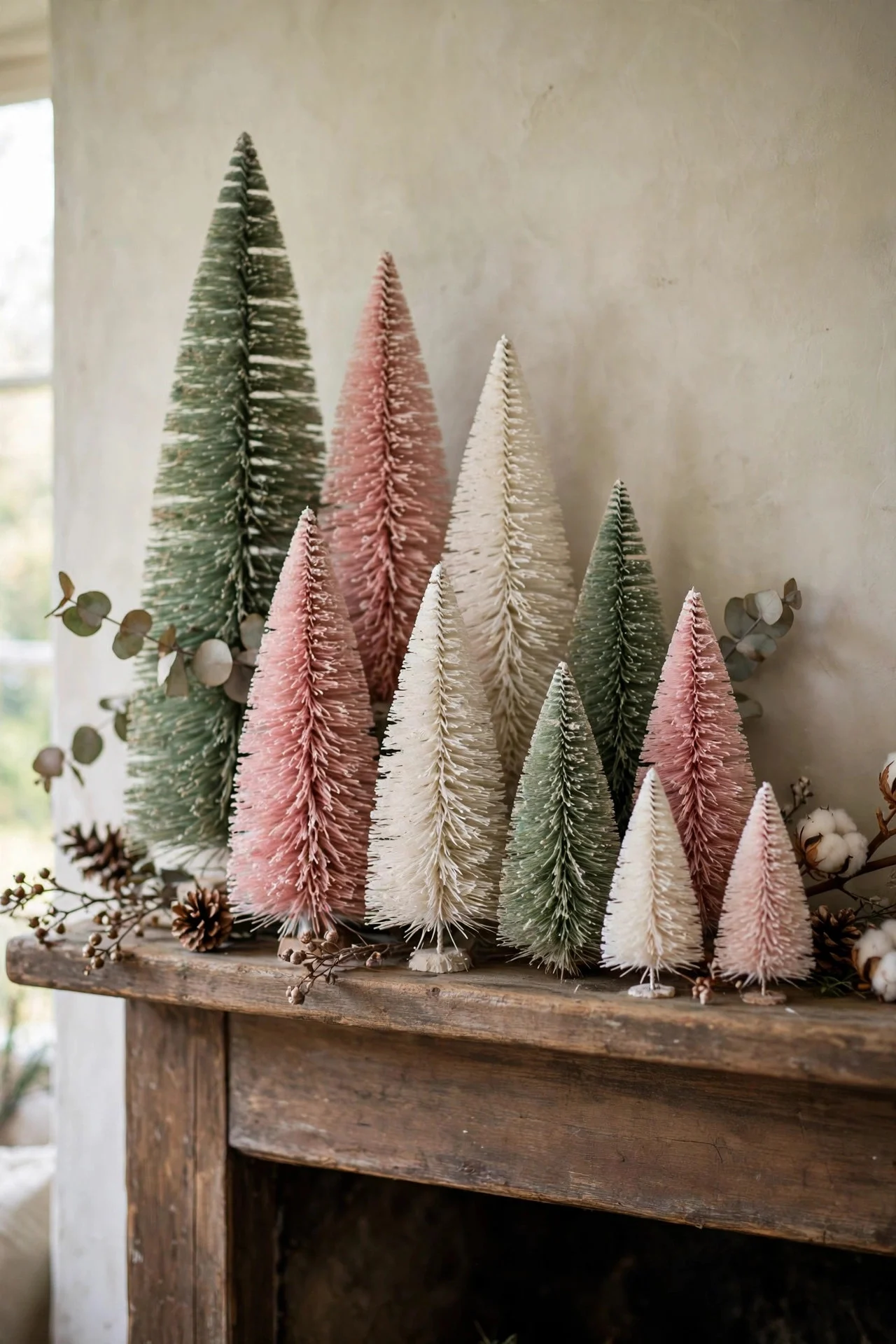 Cluster of vintage bottle-brush Christmas trees on a mantel