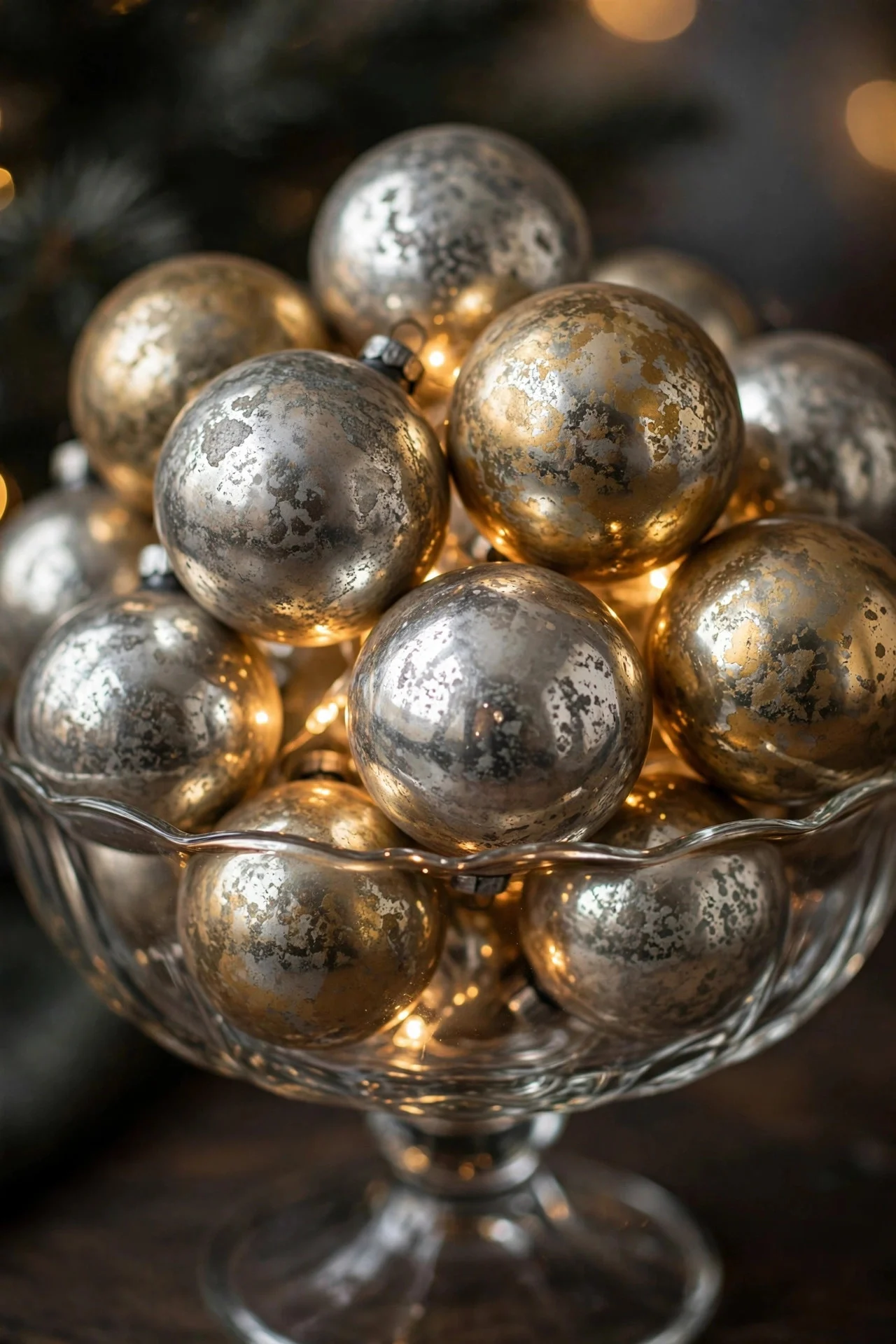 Mercury glass ornaments piled in a glass compote bowl