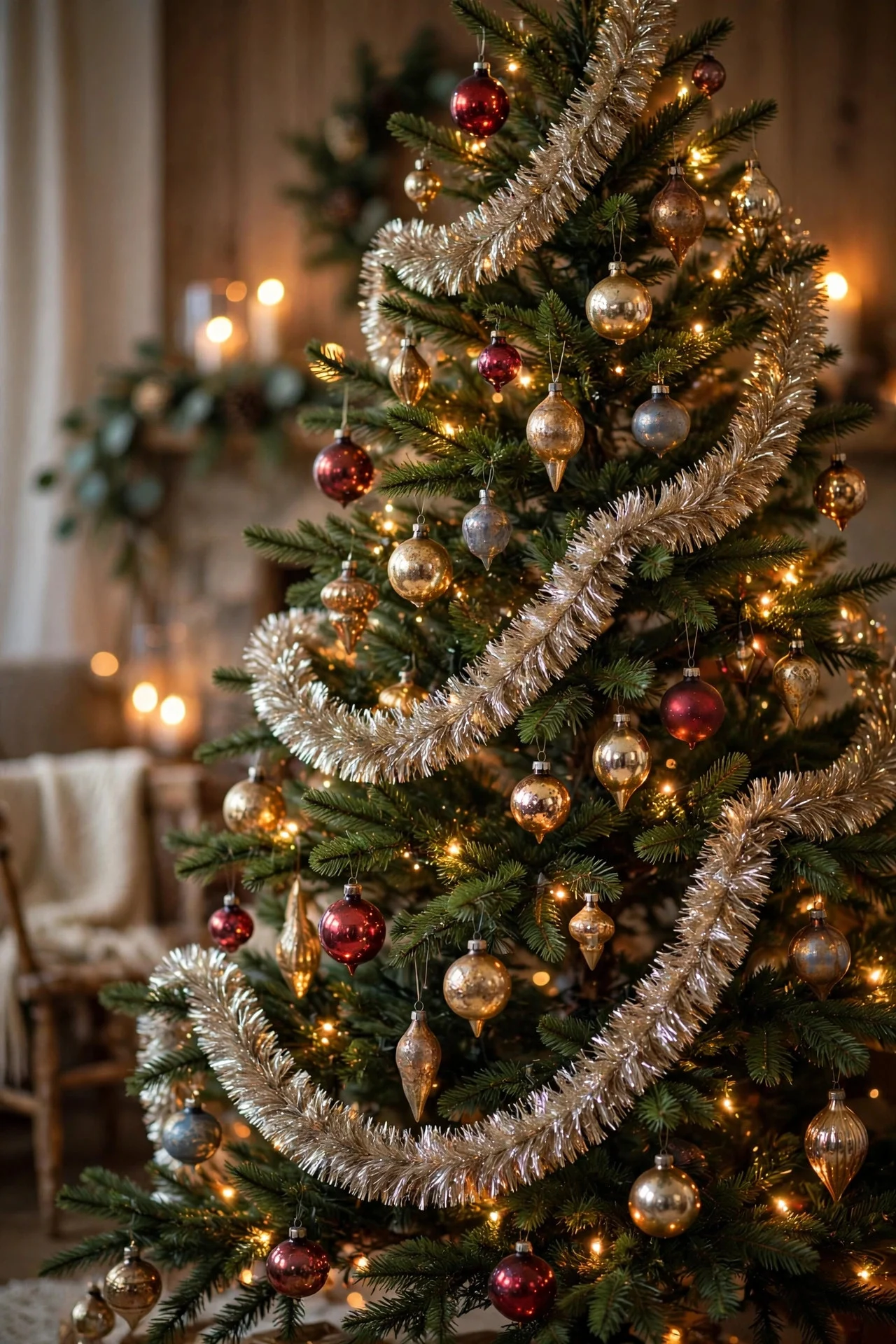 Vintage-style tinsel draped in swags on a Christmas tree