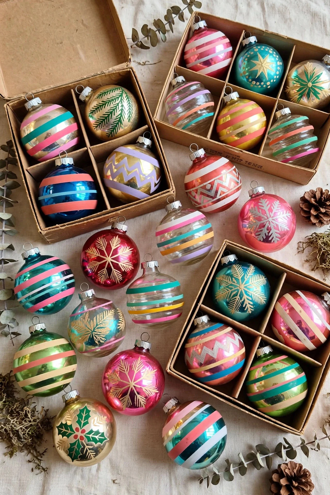 Vintage Shiny Brite ornaments with original boxes