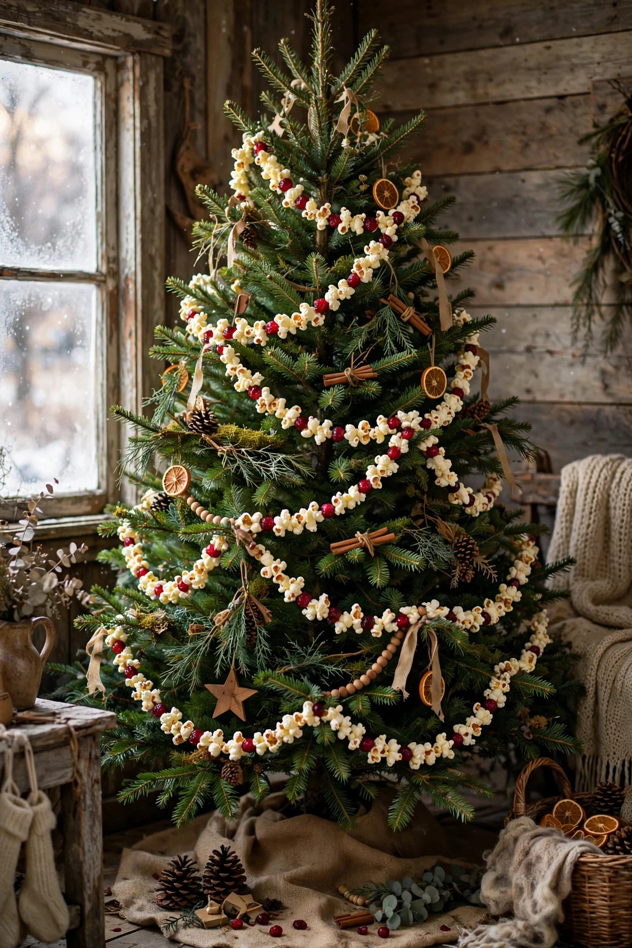 Popcorn and cranberry garland on a Christmas tree