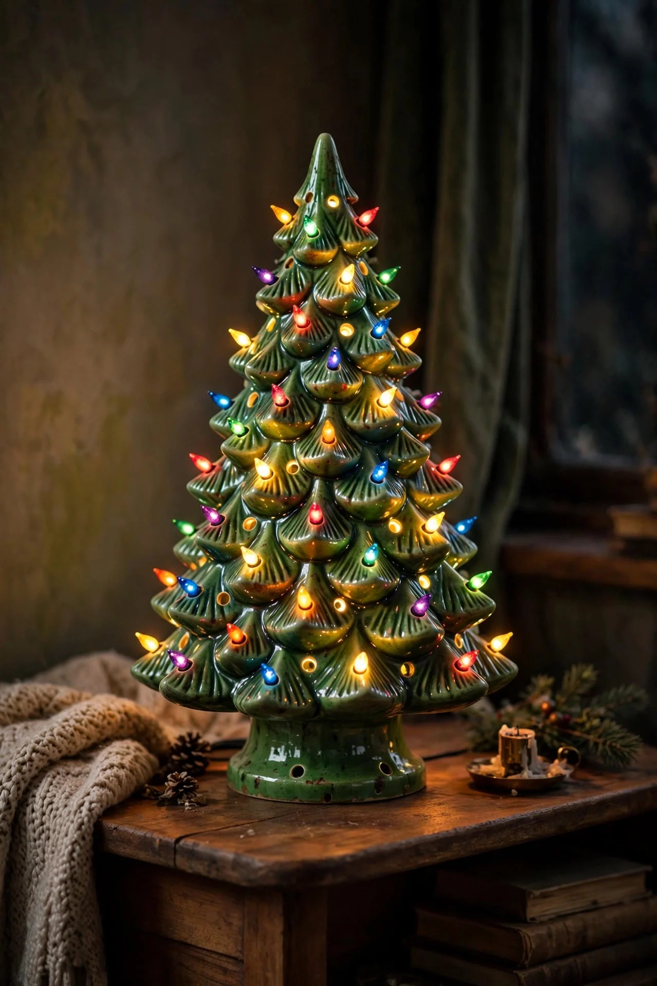 Vintage ceramic Christmas tree glowing on a side table