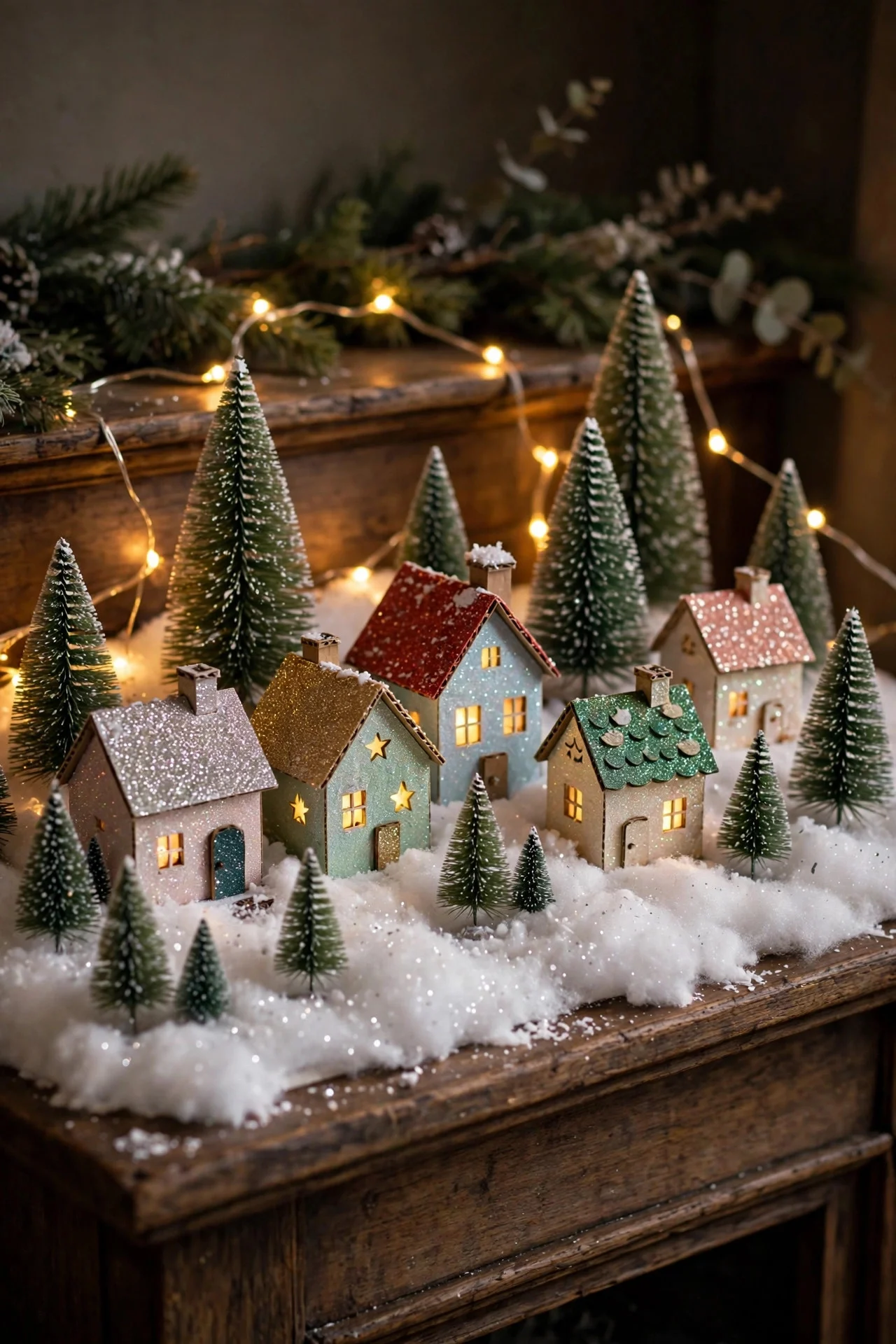 Vintage putz house Christmas village on a mantel