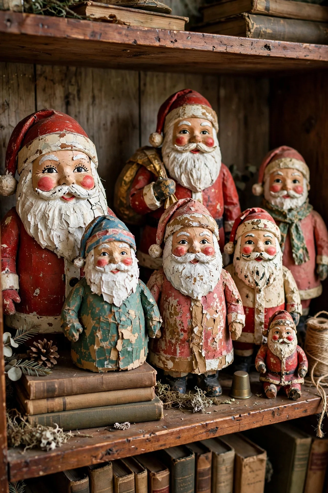 Vintage mid-century Santa figurines on a bookshelf