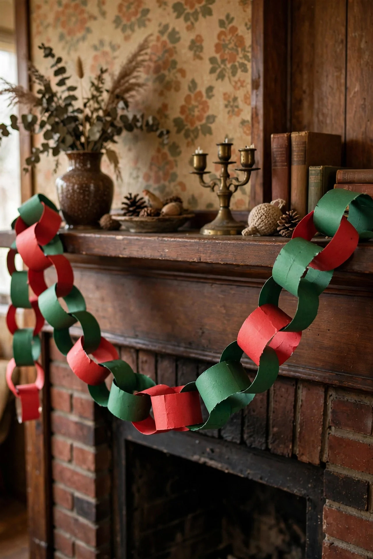 Handmade paper chain garland on a Christmas mantel