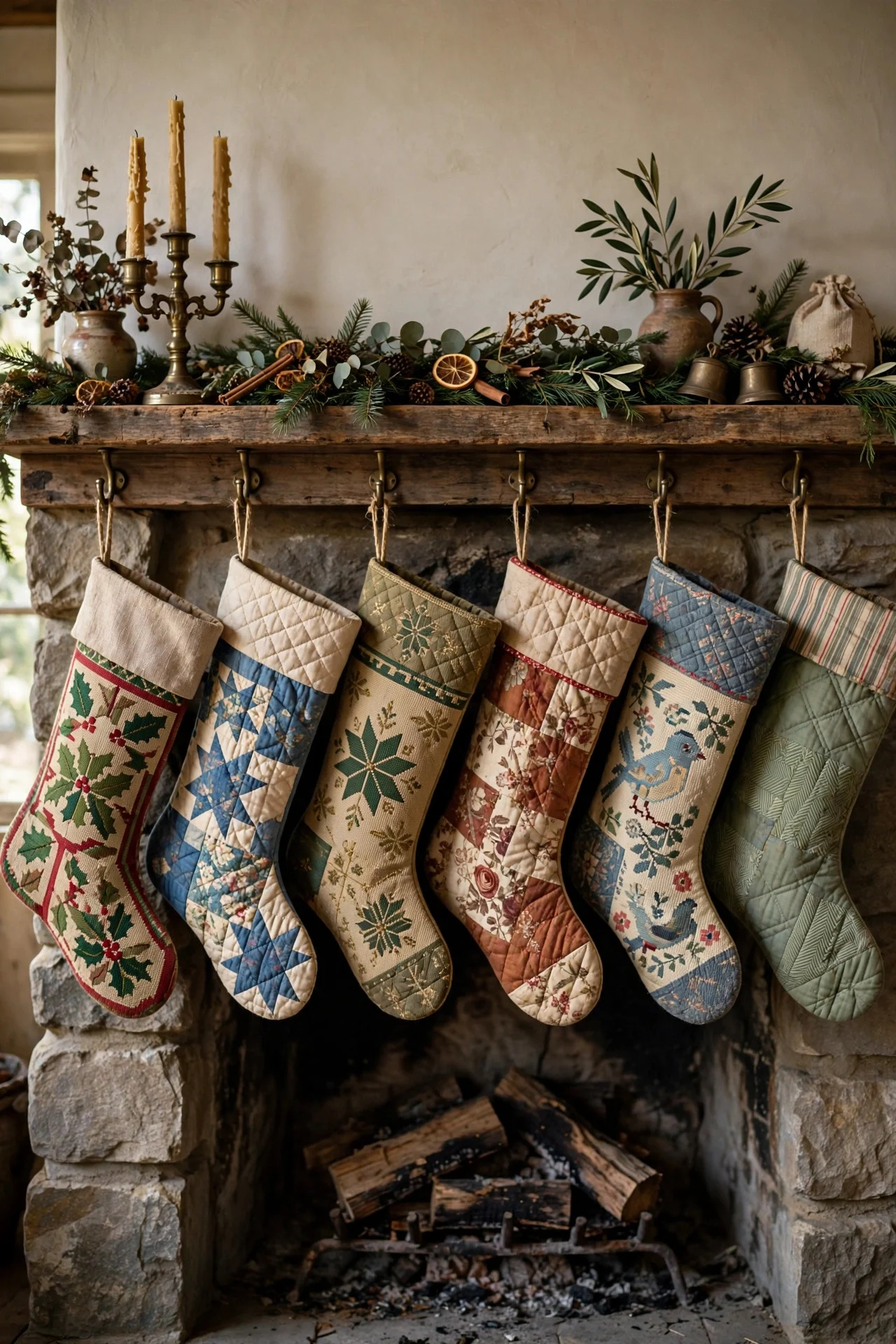 Mismatched vintage heirloom Christmas stockings on a mantel