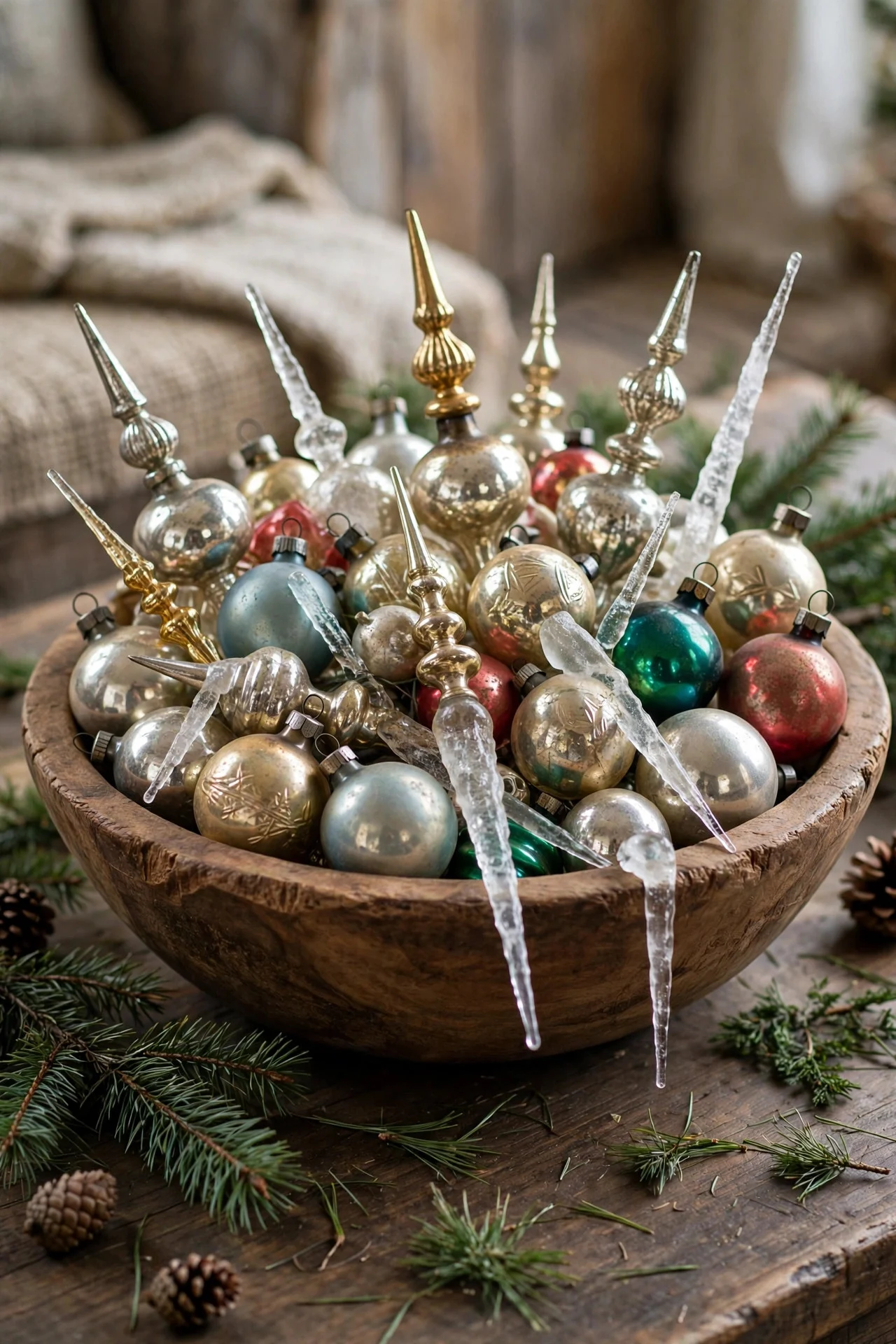 Wooden bowl filled with vintage Christmas ornaments
