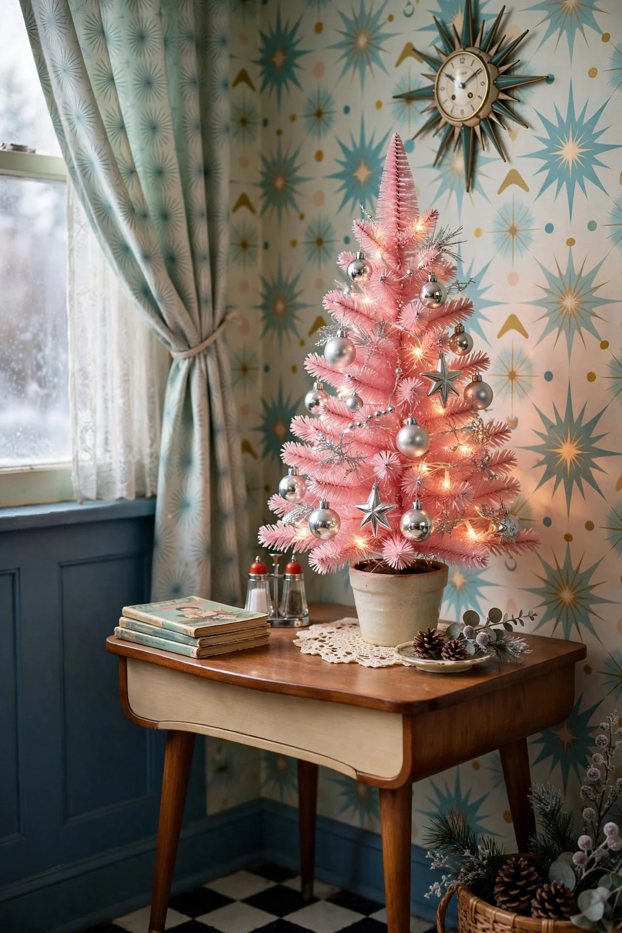 Retro pink Christmas tree with silver ornaments