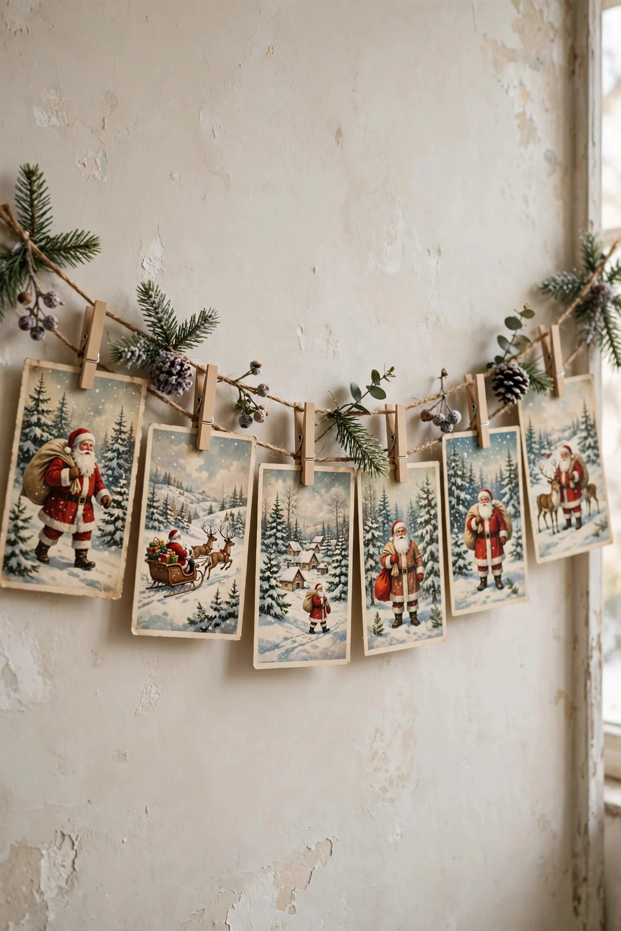 Vintage Christmas postcard garland on twine