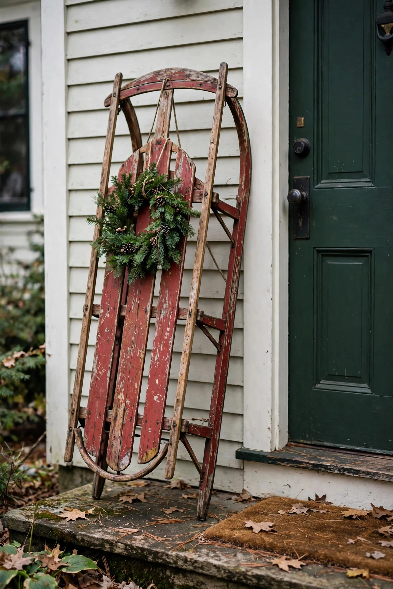 Vintage wooden sled with wreath by a front door