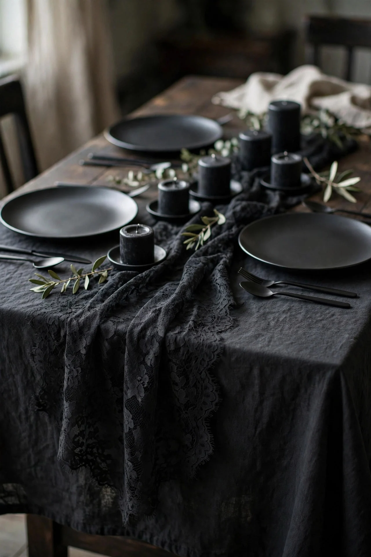 Black lace table runner on a gothic dining table