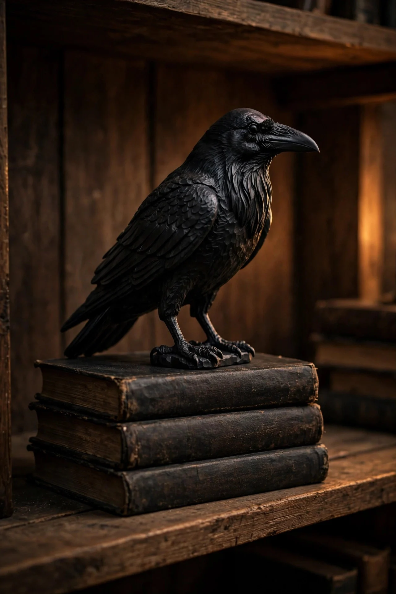 Black raven statue on stacked books