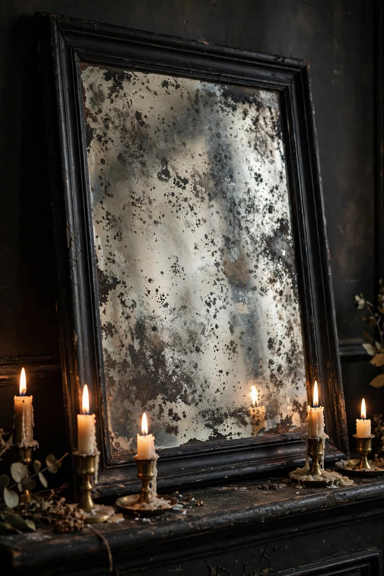 Aged mercury-glass mirror on a gothic mantel