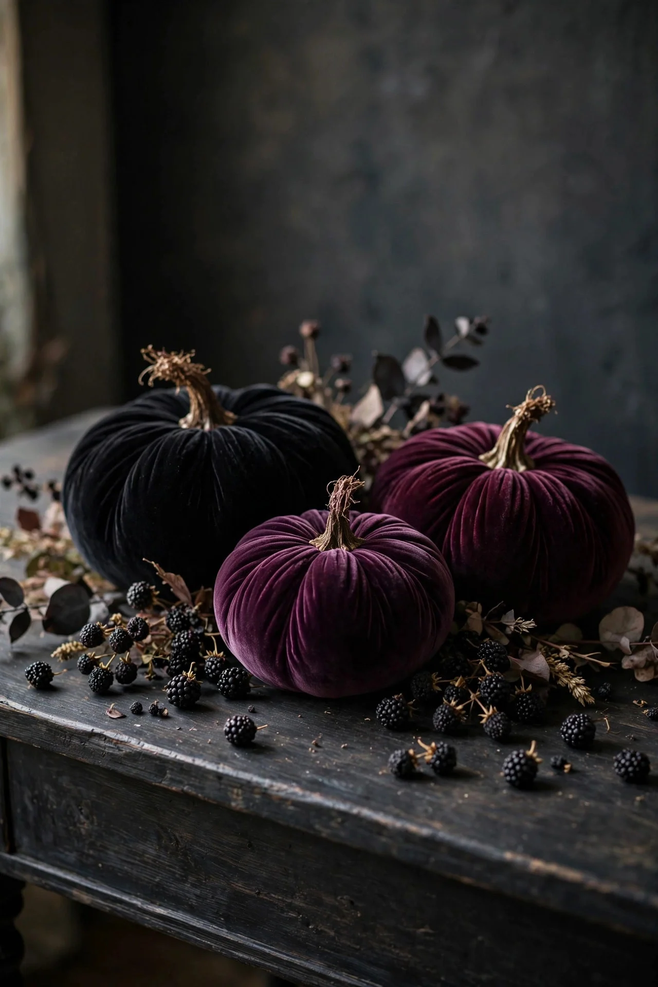 Black and plum velvet pumpkins