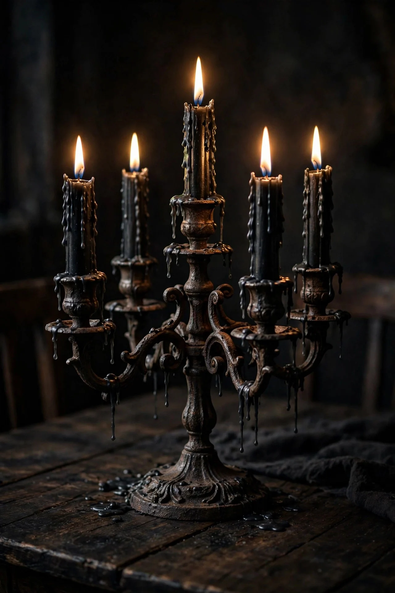 Iron candelabra with black tapers