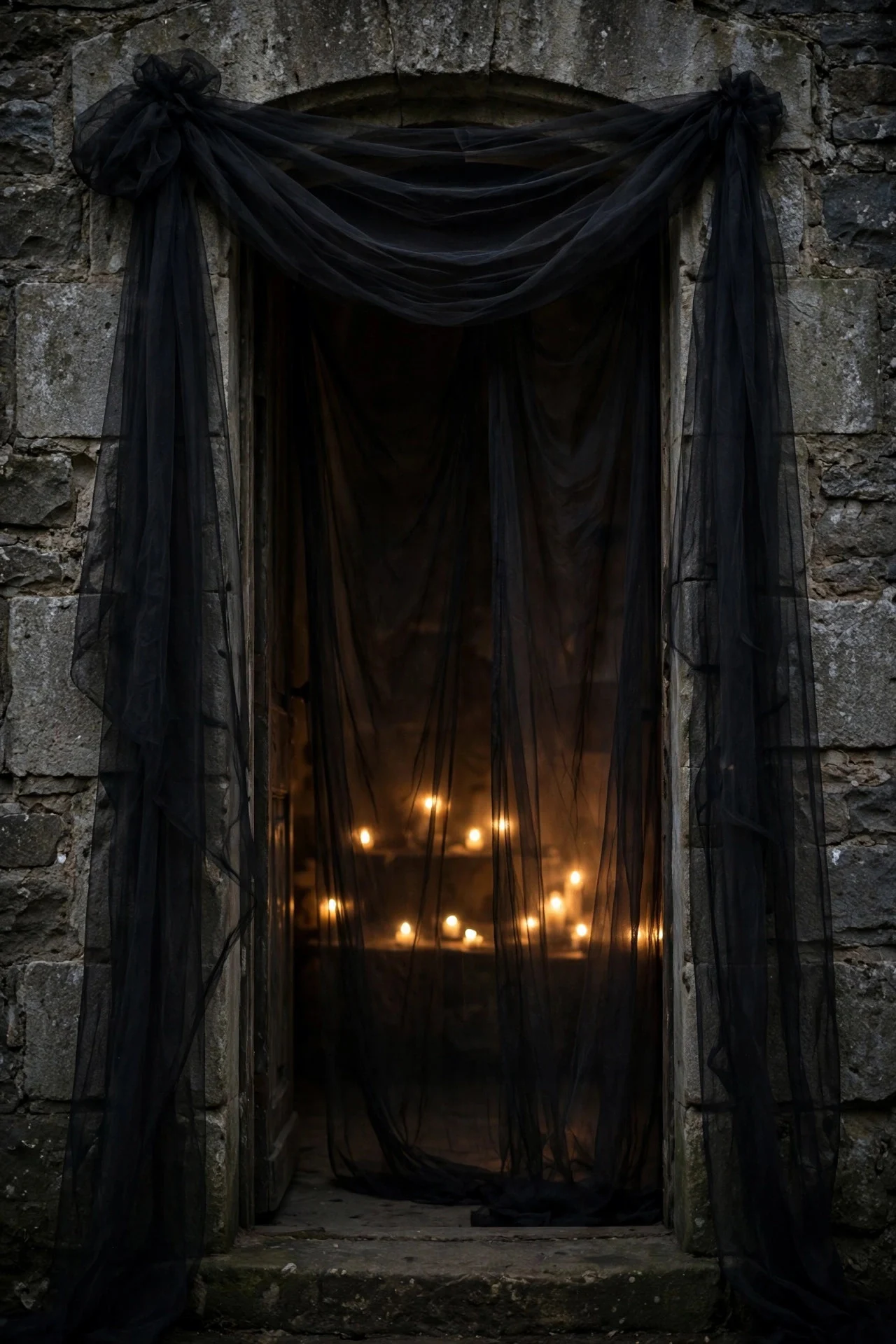Sheer black drapes in a gothic doorway