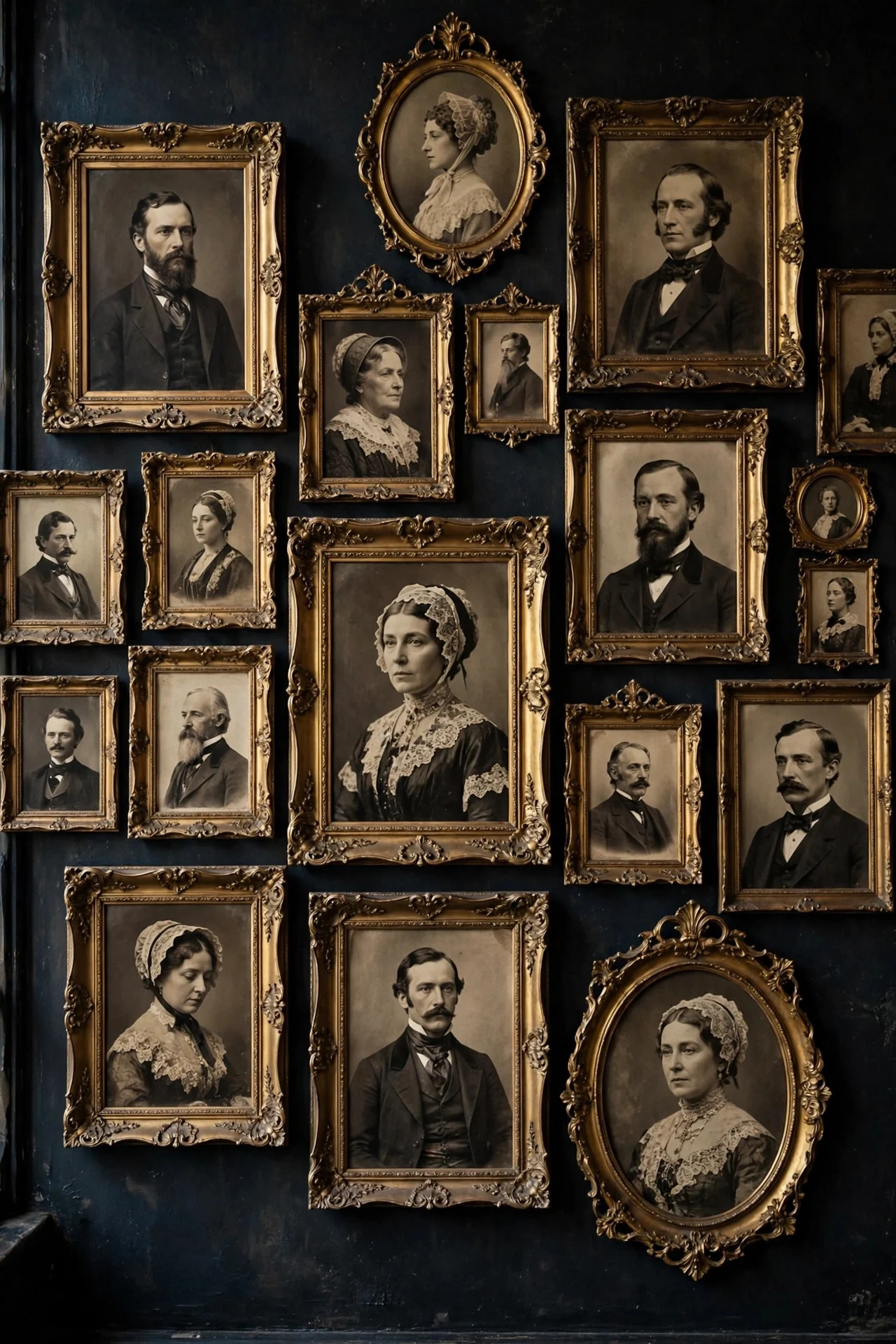 Haunted portrait gallery wall in gold frames