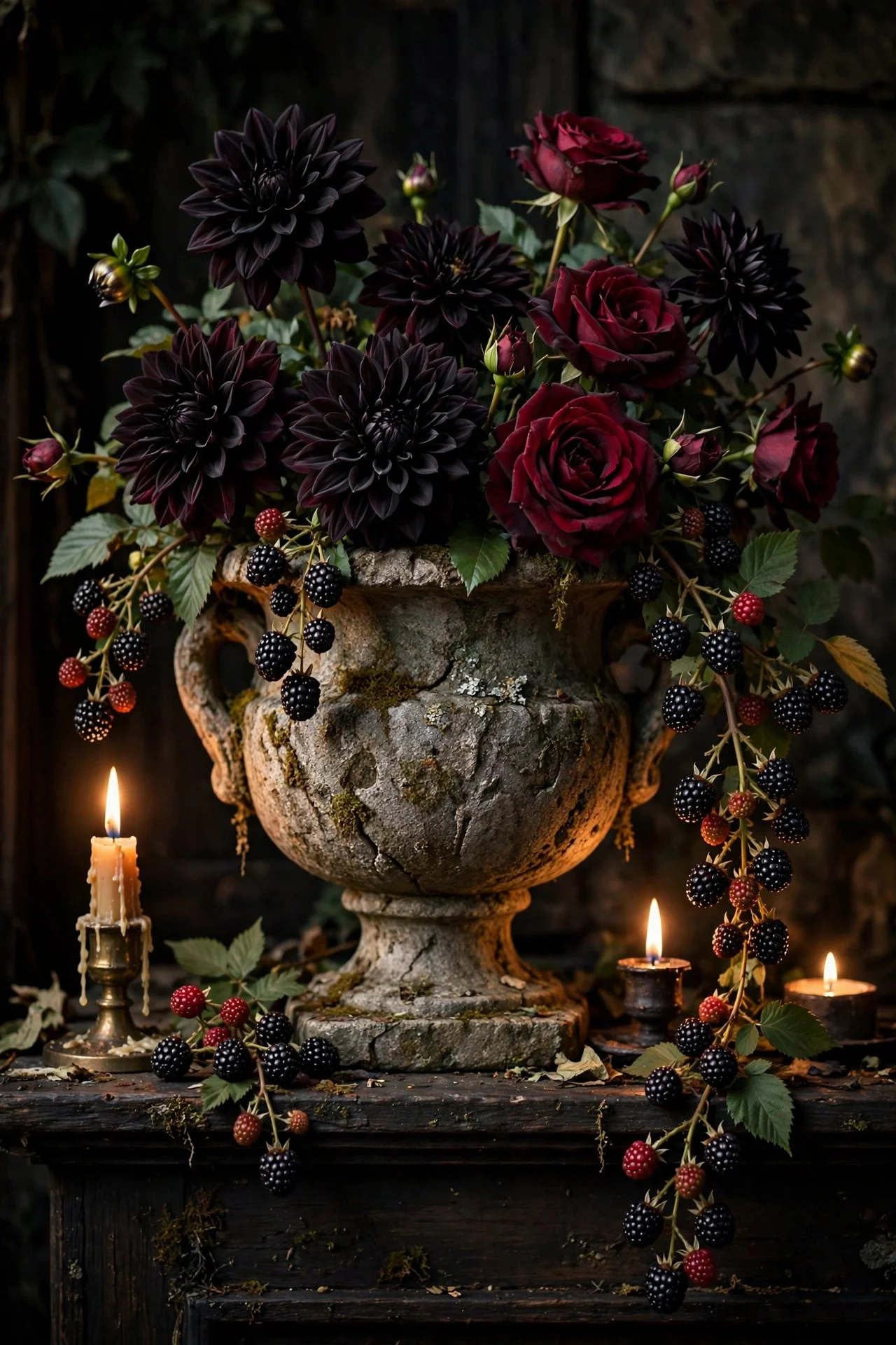 Dark floral urn arrangement with black dahlias