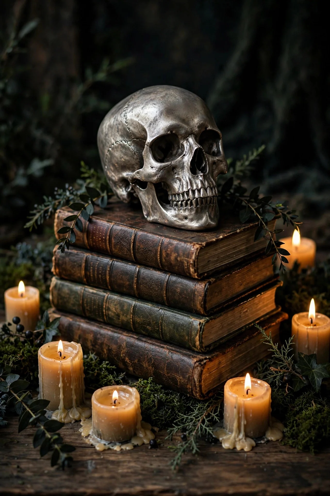Pewter skull centerpiece on leather books